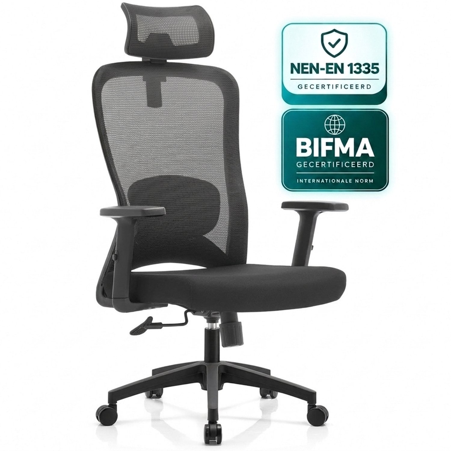 OfficeSense OS140 Ergonomische Bureaustoel – NEN1335 – 2D Hoofdsteun – Kantelbaar – Mesh Rugleuning – Zwart – Volwassenen