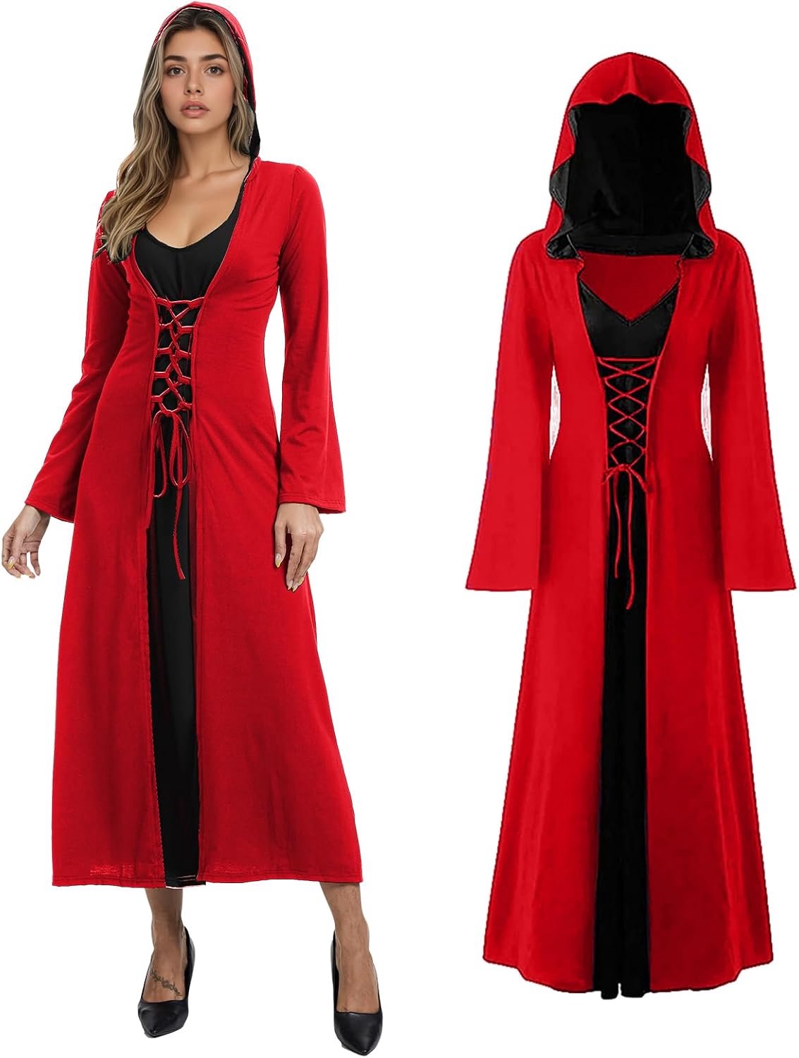 Gothic capuchon, Halloween retro jurk, dames vampier heks Halloween carnaval retro lange mouwen jurk