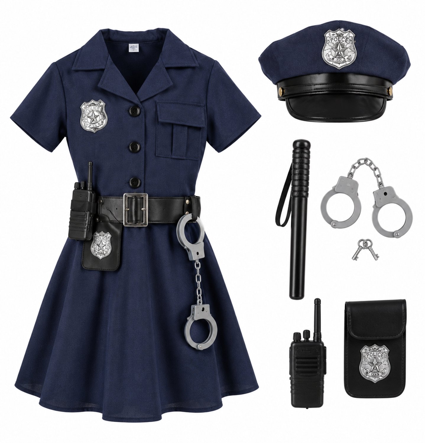 Joya Kids® Politie Kostuum Meisje | Politie Verkleedpak Kind | Politieagente Verkleedjurk | Incl. Politiepet, Riem, Handboeien, Wapenstok & Walkie Talkie | Carnaval & Themafeest | — afbeelding 3