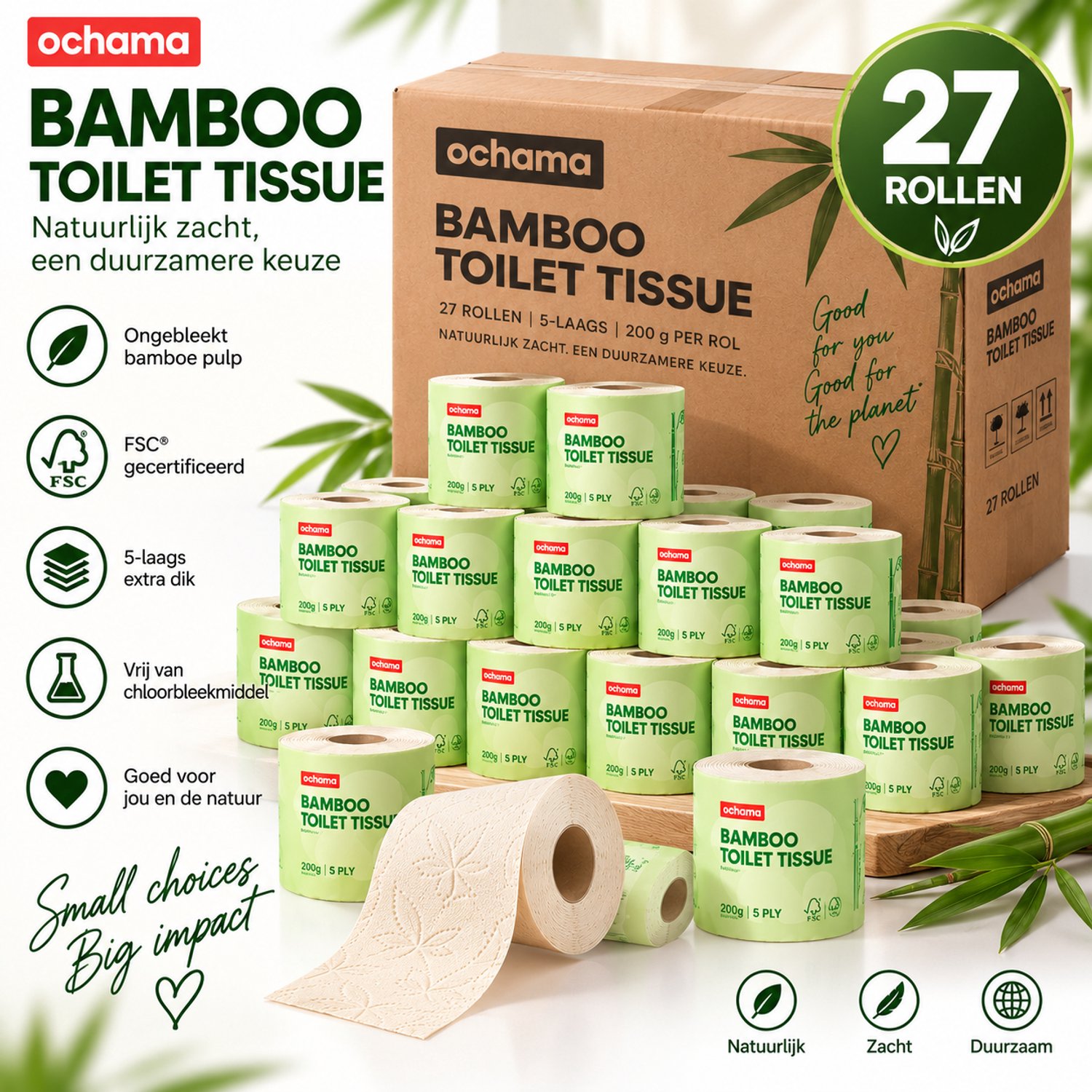 Ochama Bamboe Toiletpapier – 27 Rollen – 5-Laags – 100% Bamboepulp – Ongebleekt – FSC-Gecertificeerd – Extra Dik & Sterk – Familieverpakking