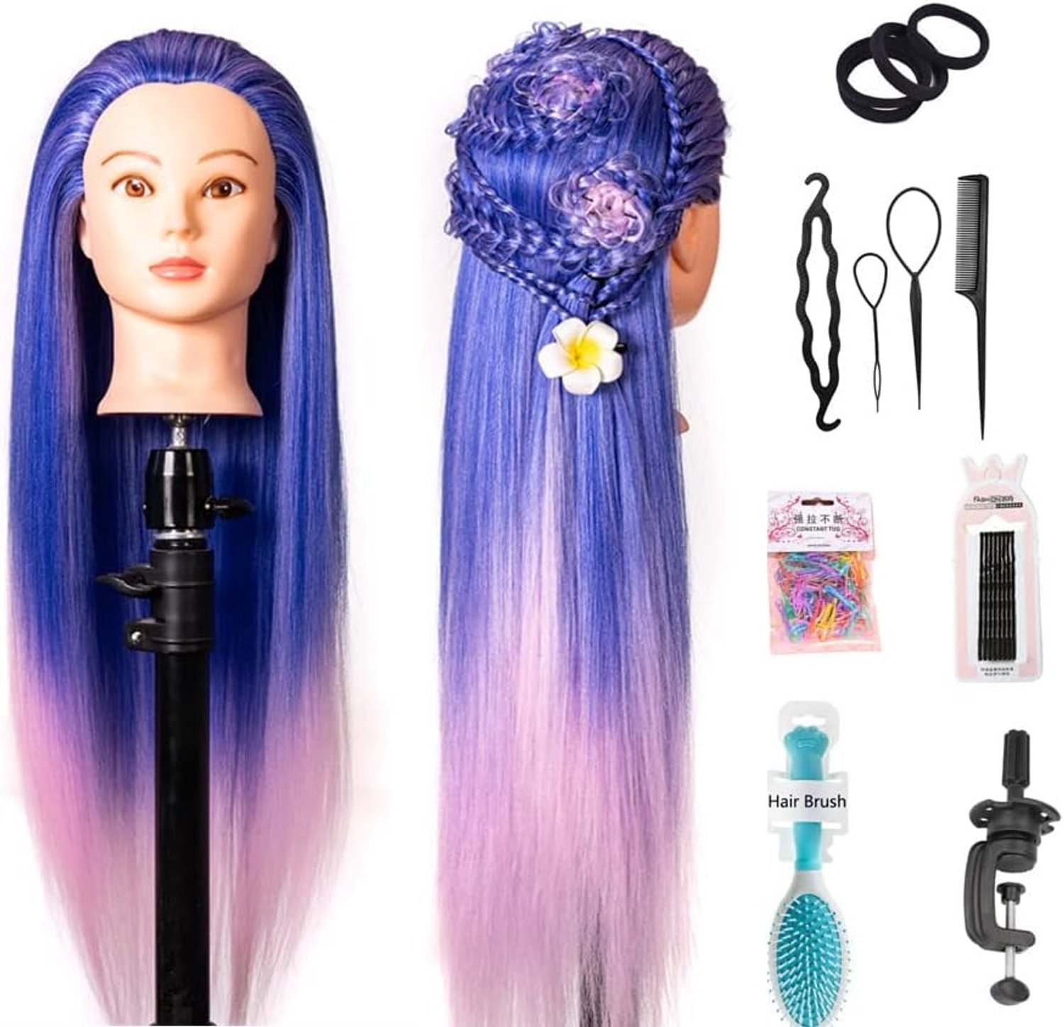 26inch Kappershoofd 100% Synthetische Vezel, Schoonheidsschool Mannequin, Poppenhoofd met Klem voor Vlechten, Styling (poederblauw)