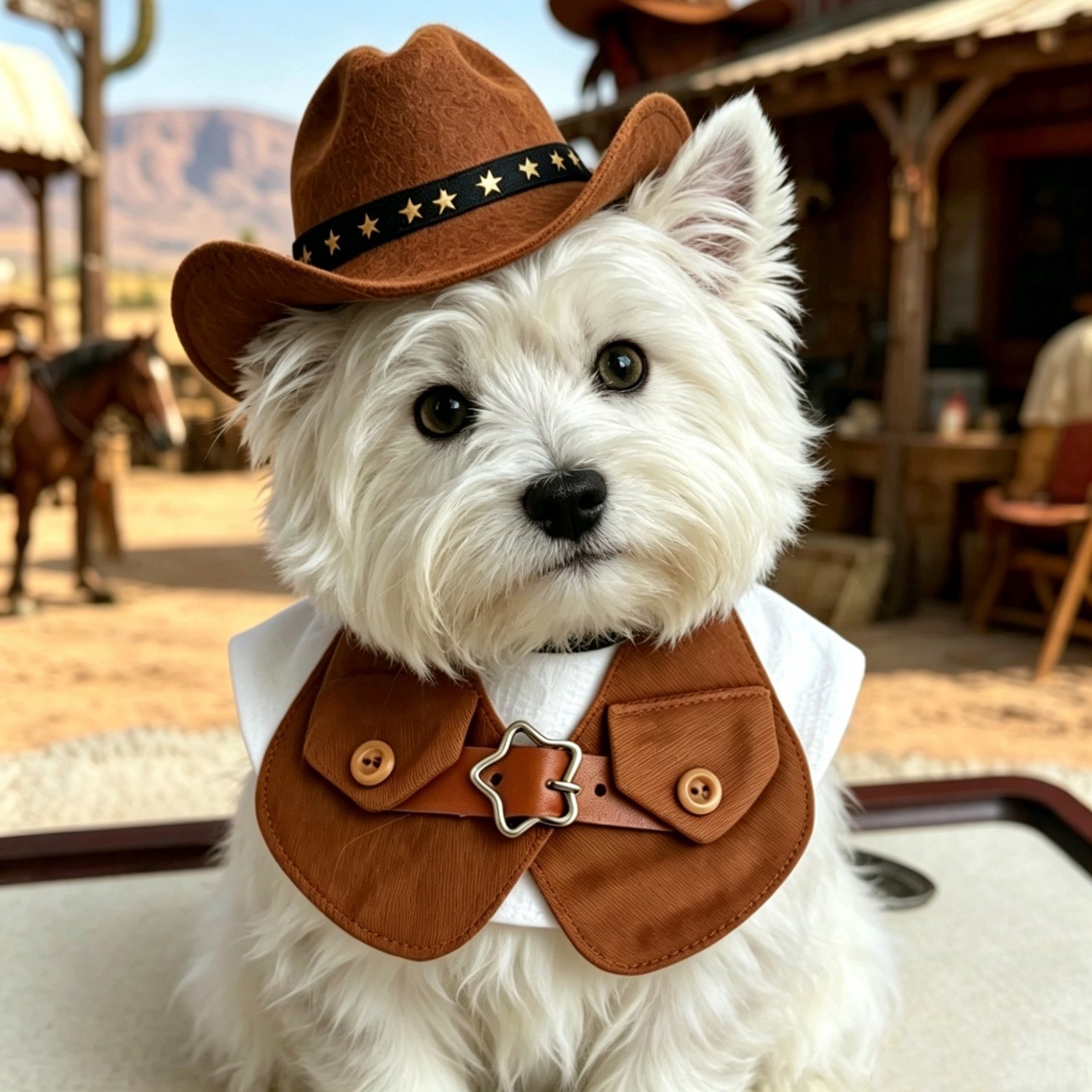 Hetty'S - Cowboy hoedje en vest - voor honden en katten - Bruine en witte stof -Maat S -