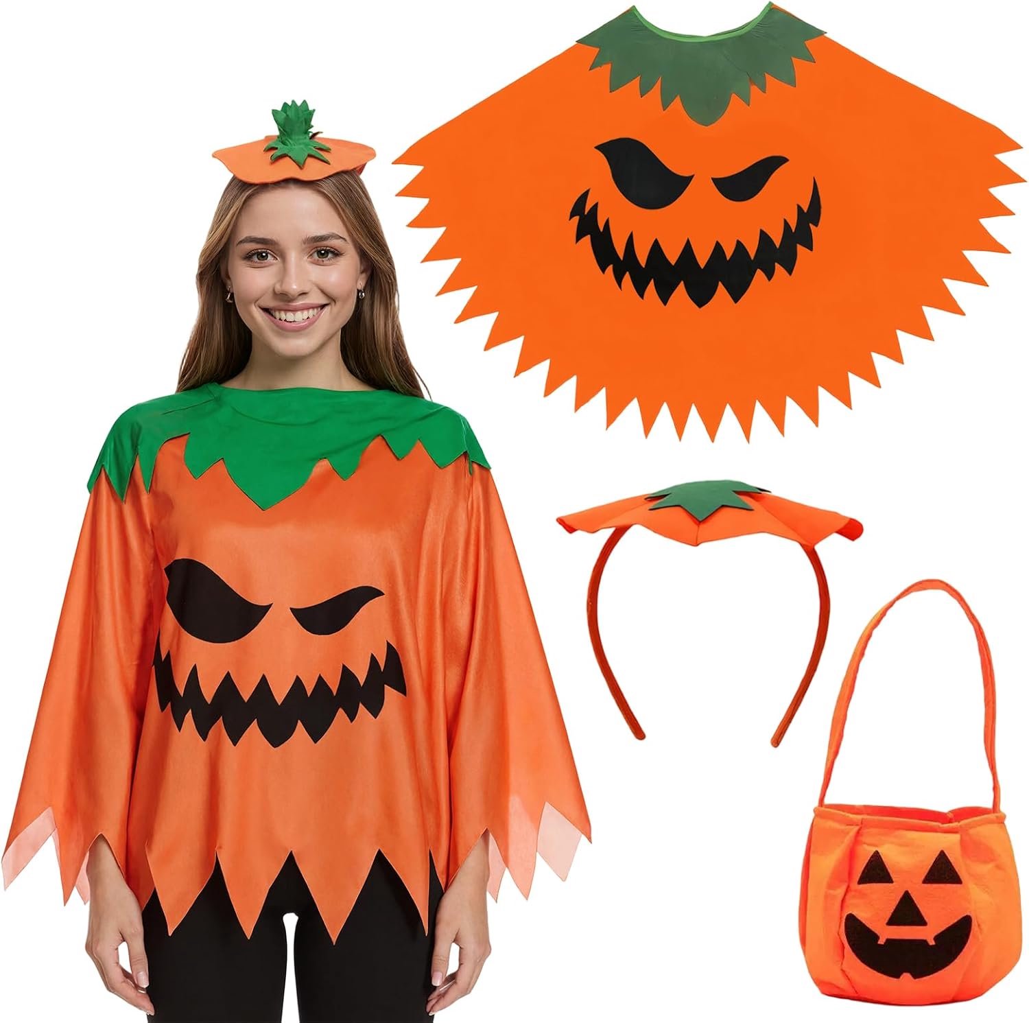 Pompoenkostuum volwassenen oranje pompoen cape dames met pompoenhoed snoep zak voor Halloween carnaval party