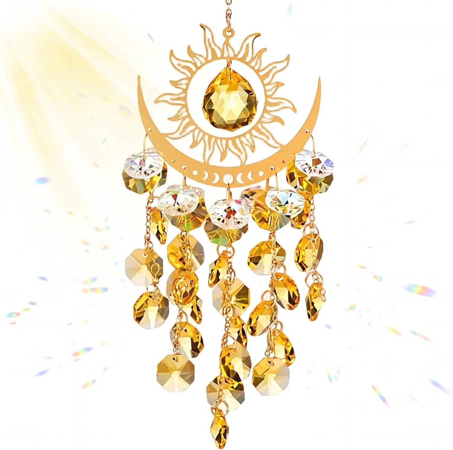 Suncatchers 38cm lengte Sun Moon Wind Chime, hangende prisma regenboogmaker, tuinzon vangers met kristallen, hangend ornament verrassen voor tuin achtertuin (B)