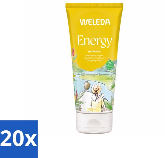 20 stuks Weleda Energy douchegel (200 ml) met gember, in een gele tube met illustratie van een paar bij een meer.