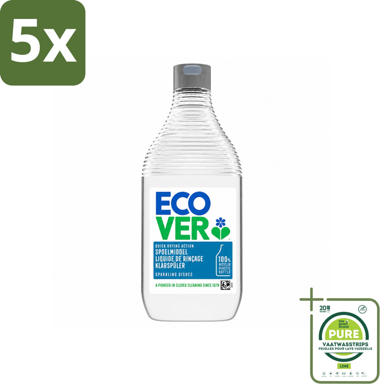 5 x Ecover - Spoelmiddel - 450 ml - Grootverpakking - Vaatwasstrips - Spoelmiddel - Vaatwas - Glanzende Vaat - Streepvrij - Kalkaanslag