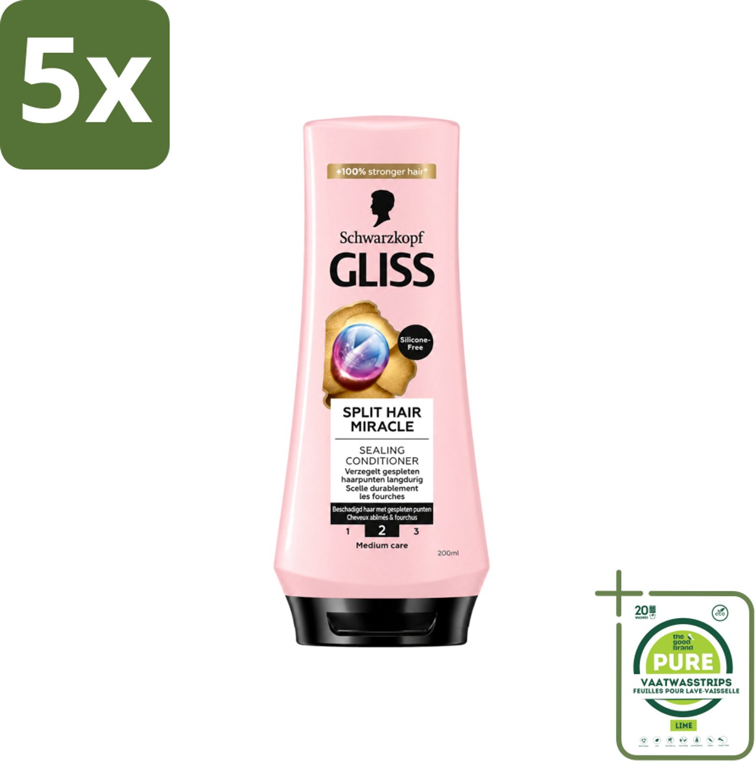 5 x Gliss - Hair Repair - Conditioner Split Hair Miracle tegen Gespleten Haarpunten - 200 ml - Grootverpakking - Vaatwasstrips - Gespleten Haarpunten - Haarherstel - Haarverzorging - Haarbescherming - Keratine
