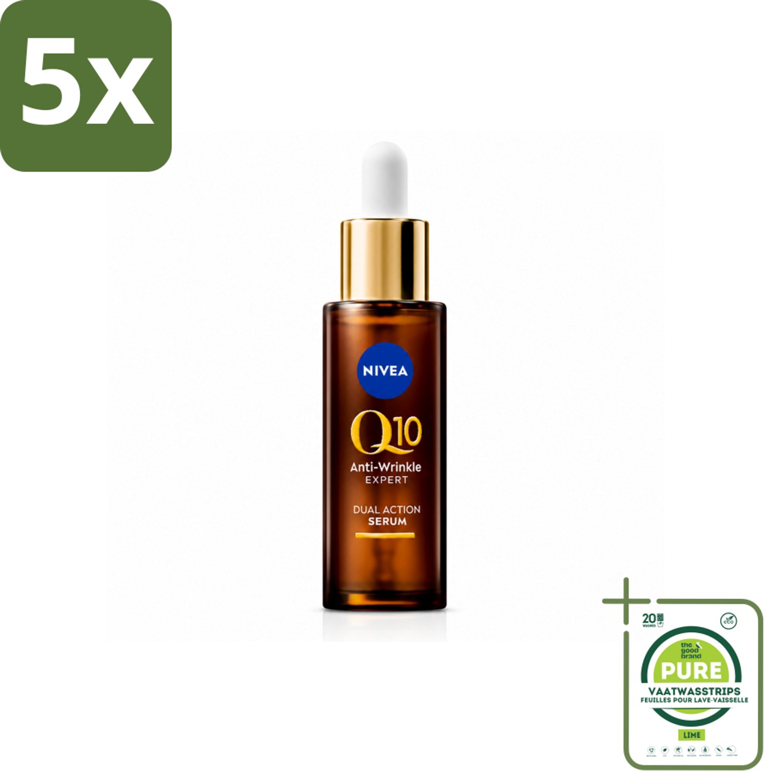 5 x NIVEA - Gezichtsserum - Q10 Dubbele Werking Anti-Rimpel - Dubbele werking - Vermindert & voorkomt rimpels - 30 ml - Grootverpakking - Vaatwasstrips - Anti-aging Serum - Rimpel Serum - Glycatie Voorkomen - Q10 Serum - Rimpel Verminderen