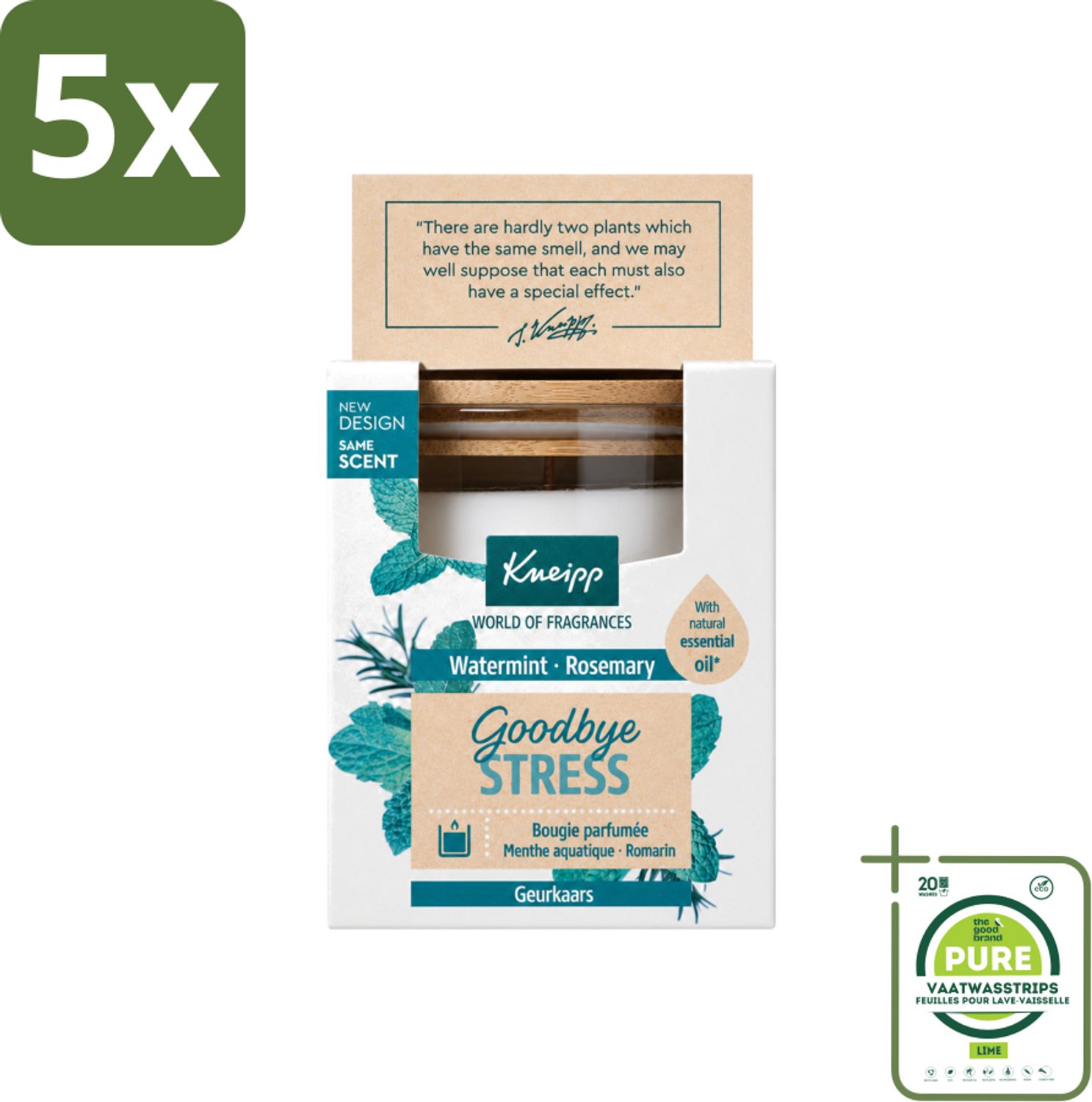 5 x Kneipp - Geurkaars - Goodbye Stress - Watermunt & Rozemarijn - 20 branduren - Grootverpakking - Vaatwasstrips - Geurkaars - Ontspanning - Stress - Rust - Wellness