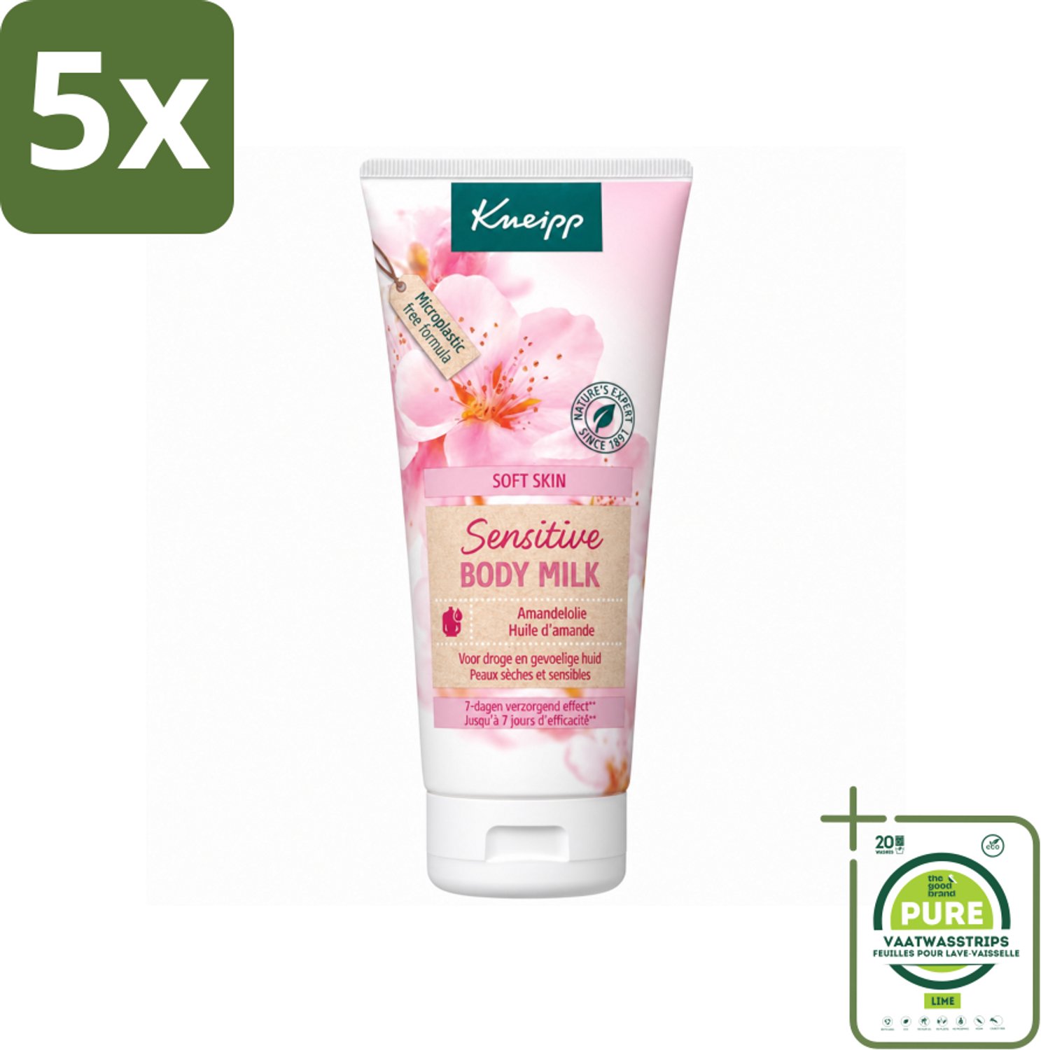 5 x Kneipp - Body lotion - Soft Skin - Amandelbloesem - 200 ml - Grootverpakking - Vaatwasstrips - Gevoelige Huid Verzorging - Droge Huid Verzorging - Bodylotion - Natuurlijke Huidverzorging - Amandelolie