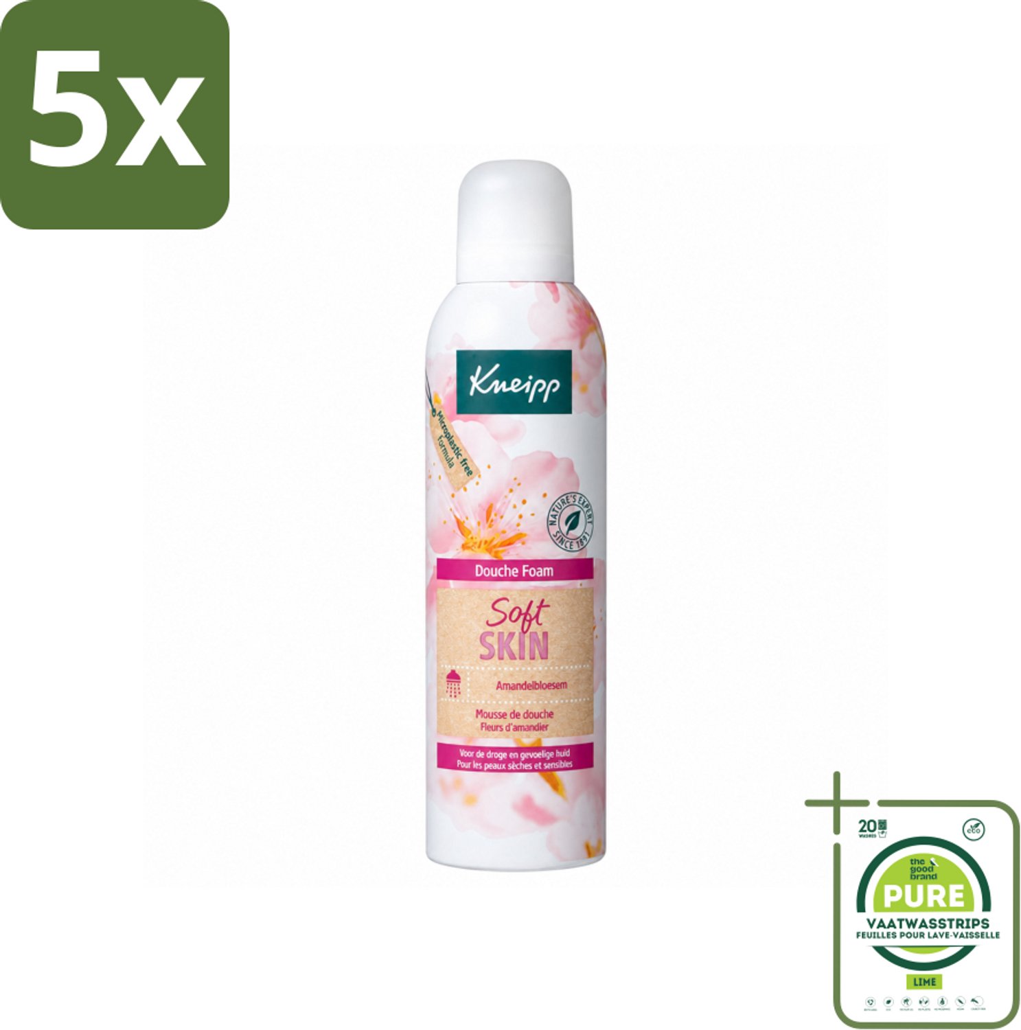 5 x Kneipp - Douche foam - Soft Skin - Voor droge en gevoelige huid - 200 ml - Grootverpakking - Vaatwasstrips - Douche Foam - Huidverzorging - Amandelbloesem - Droge Huid - Gevoelige Huid