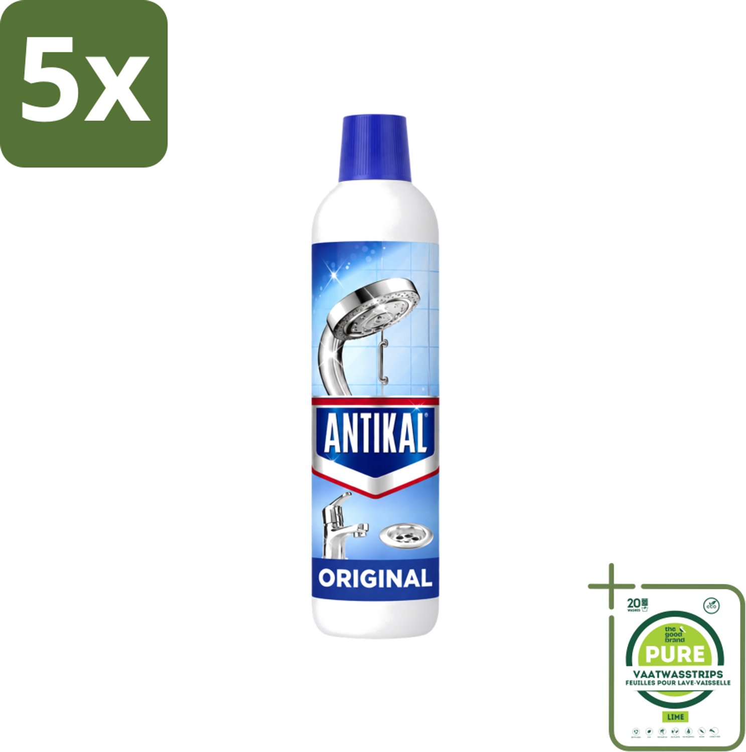 5 x Antikal Original Gel - Kalkreiniger - Extra Hechting - Diepwerkend - 750 ml - Grootverpakking - Vaatwasstrips - Kalkreiniger - Kalkaanslag - Kalkvrij - Anti-druppel - Verticale Oppervlakken