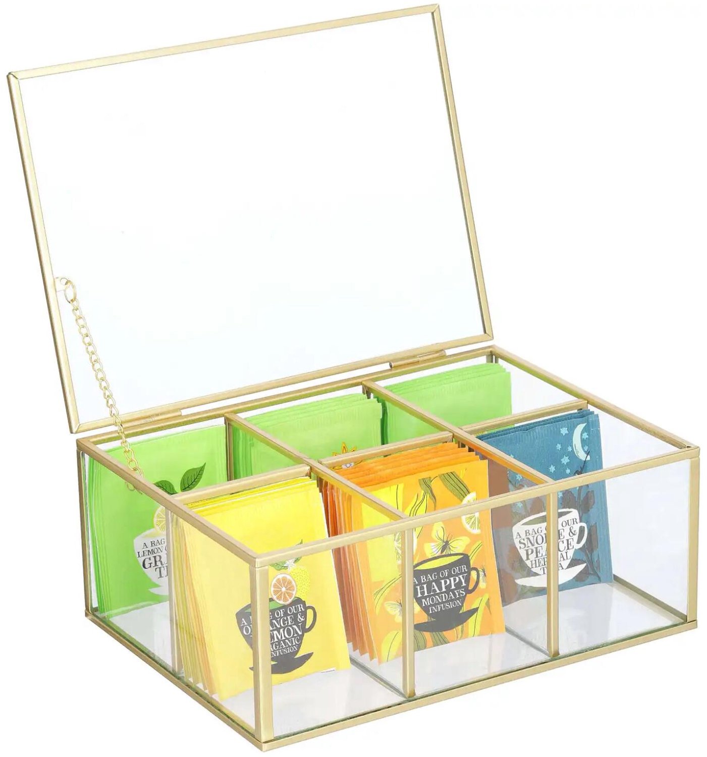 Bellatio Design Theedoos - goud - 6-vaks - metaal / glas - 22 x 16 x 9 cm - thee organizer - theekist