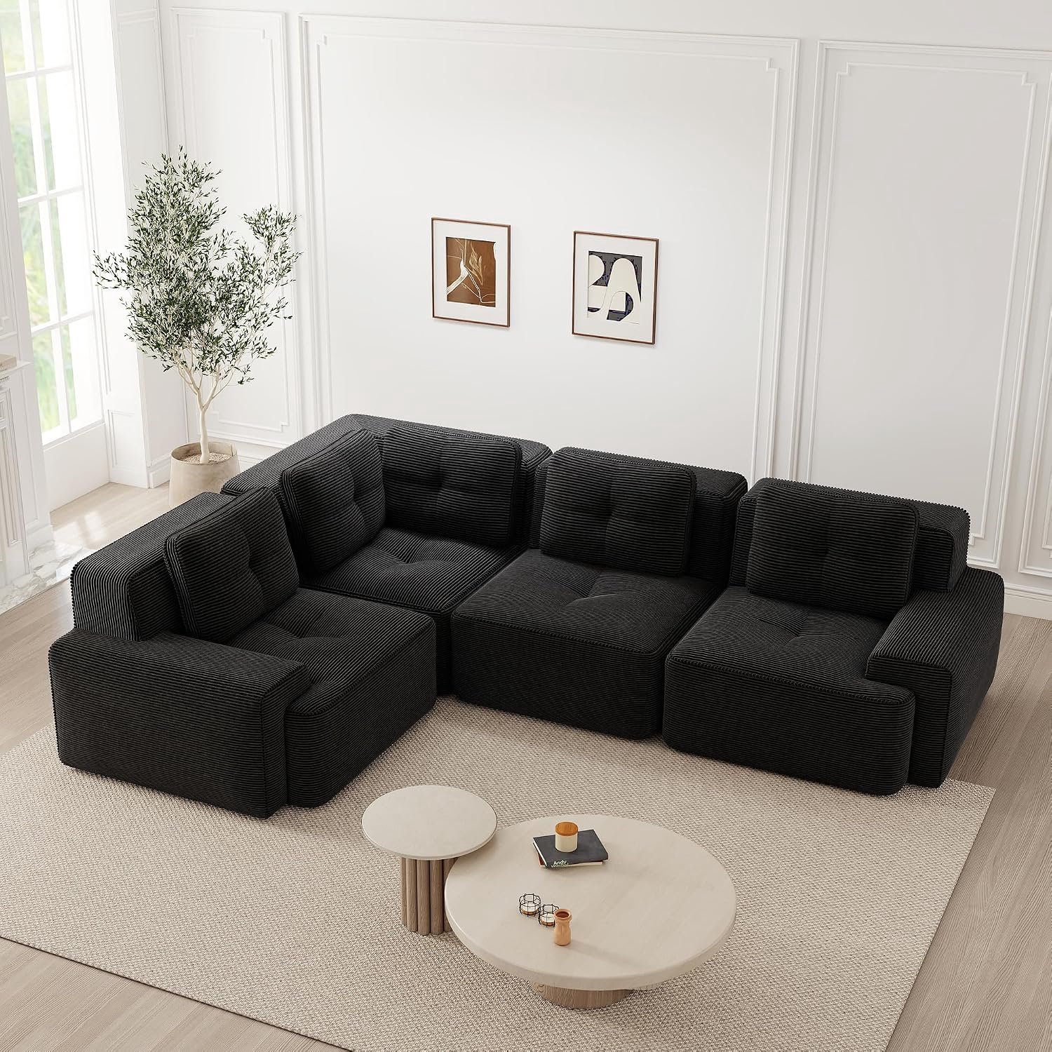 Cloud hoekbank 4-zits, modulaire corduroy bank, ergonomische rugsteun, antislip onderkant, voor woonkamer en appartement, zwart, 4-zits (zwart, hoekbank 4-zits)