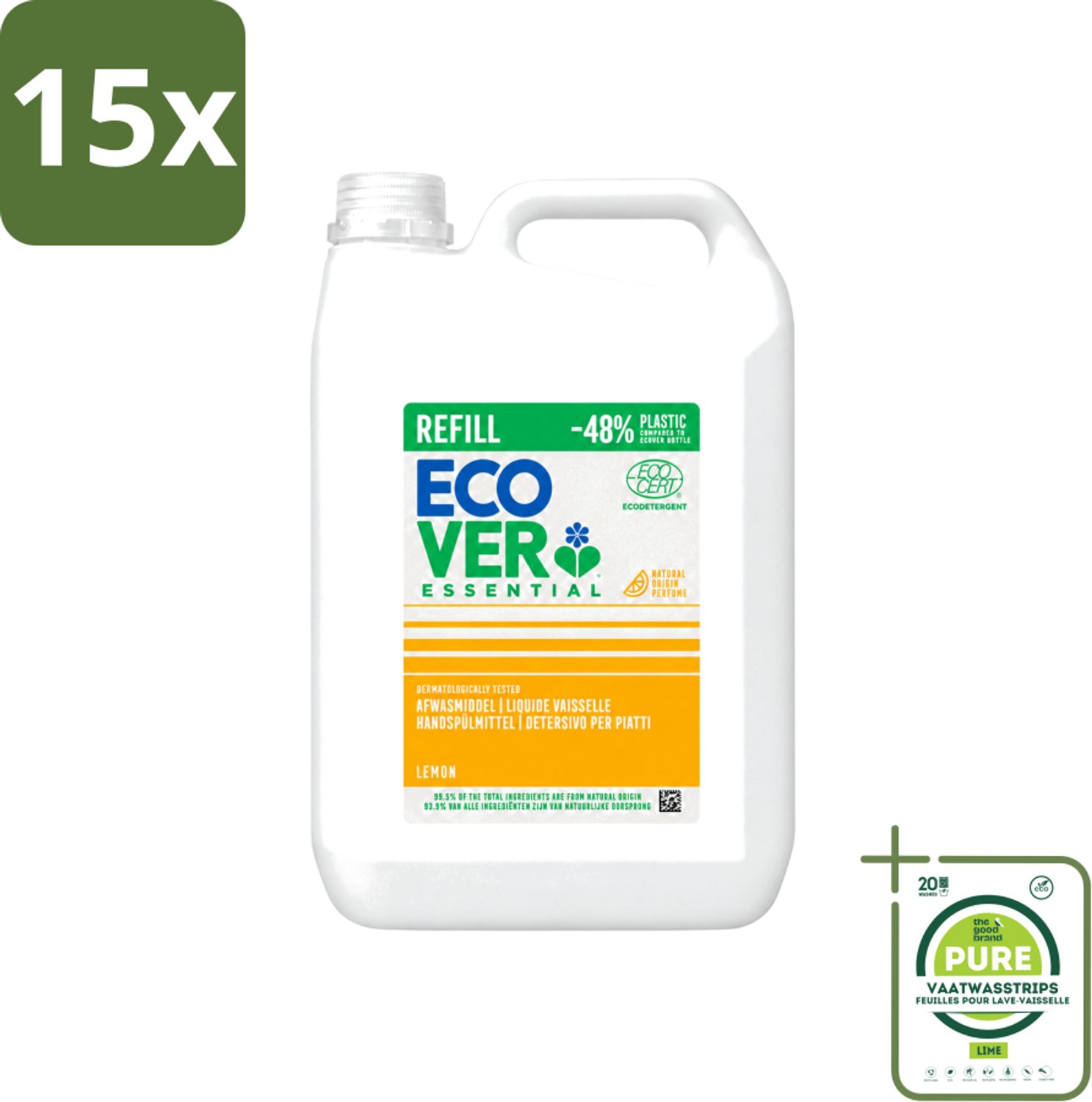 15 x Ecover - Afwasmiddel - Essential Citroen - 5 liter - Grootverpakking - Vaatwasstrips - Afwasmiddel Citroen - Natuurlijk Afwasmiddel - Plantaardig Afwasmiddel - Vet Afbreekend - Milieuvriendelijk Afwasmiddel