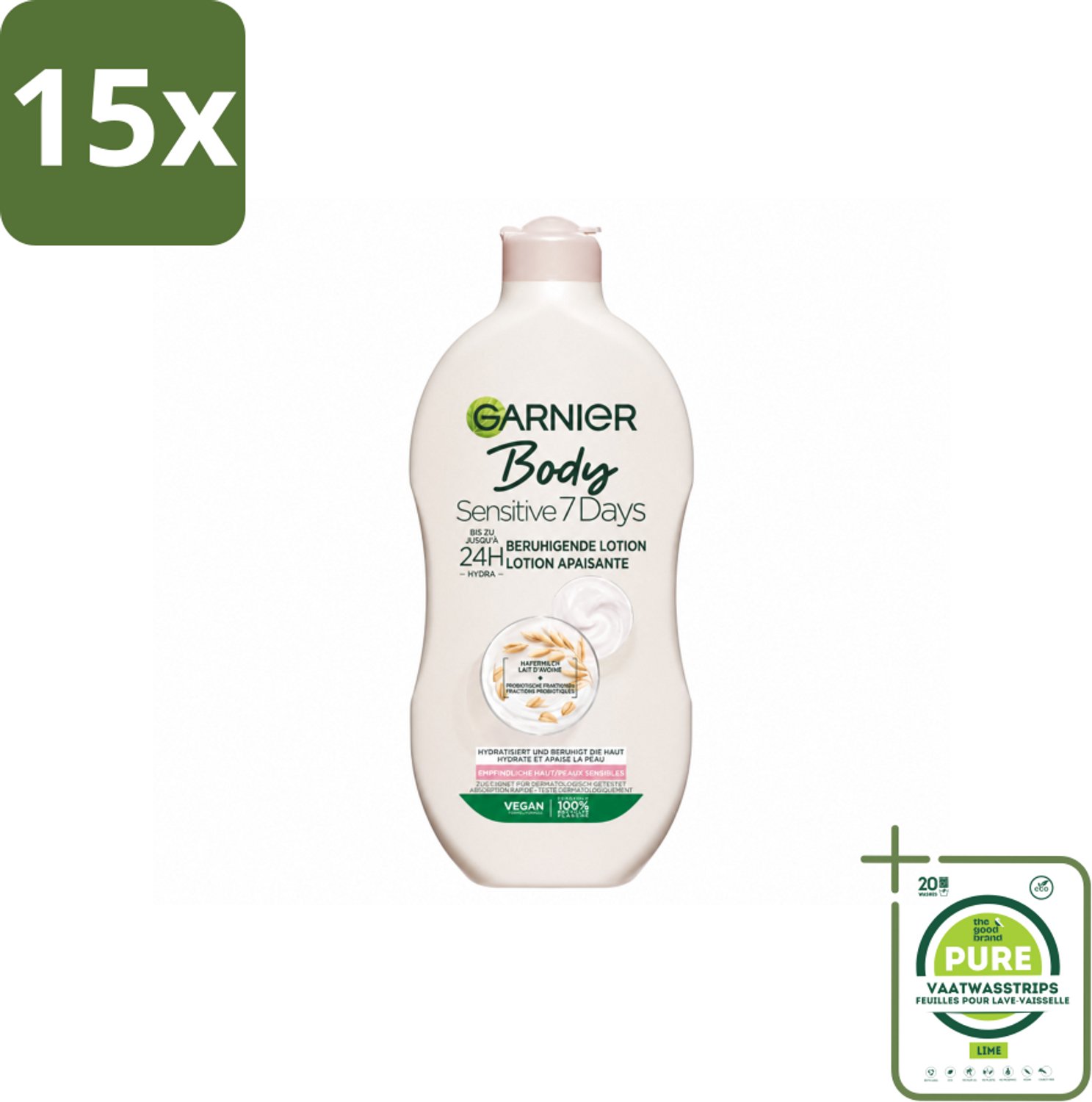 15 x Garnier - Body - Bodylotion - Sensitive 7 Days - Verzachtend - Havermelk & Probiotica - 400 ml - Grootverpakking - Vaatwasstrips - Gevoelige Huid - Lichaamsoorzaak - Lichaamslotion - Hydratatie - Verzachting