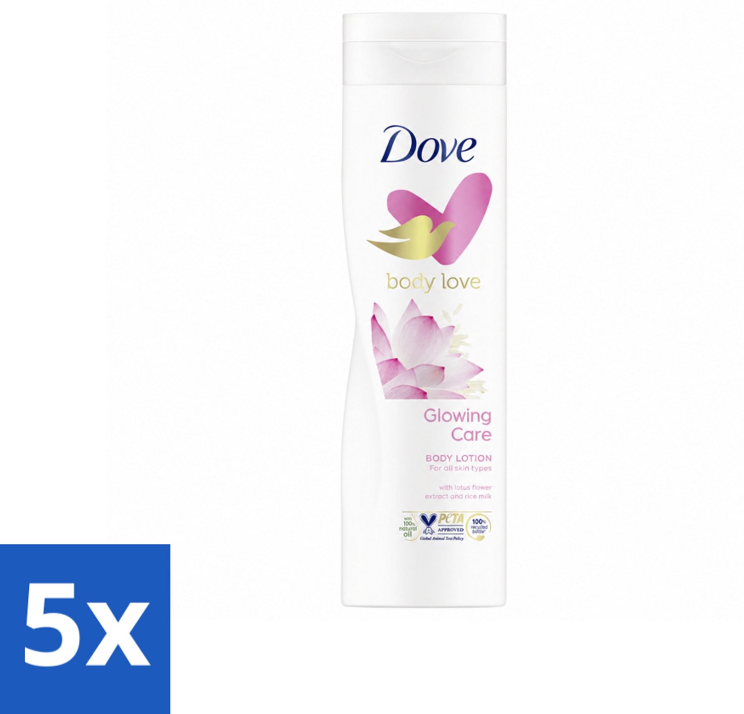 5 x Dove Bodylotion - Glowing Care - Lotus & Rijstmelk - 250 ml - Voordeelverpakking - 5 stuks
