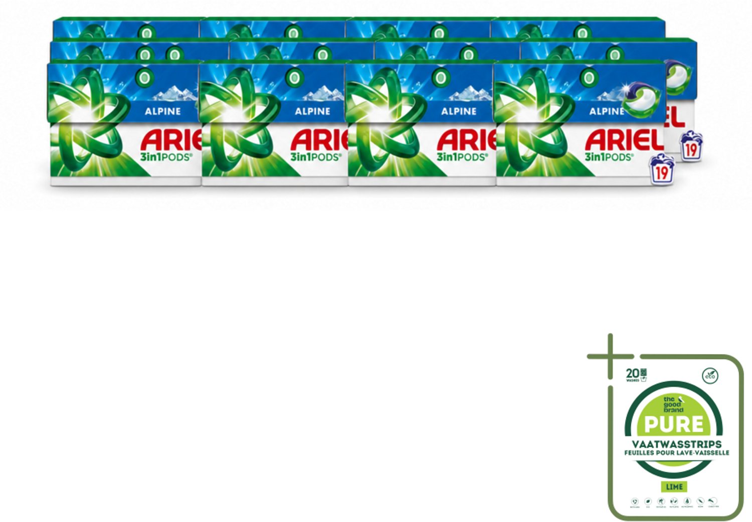 12 x Ariel - 3in1 Wasmiddel Pods - Alpine - 19 Pods - Grootverpakking - Vaatwasstrips - Wasmiddel Pod - Reiniging - Vlekverwijdering - Frisheid - Wasmachine