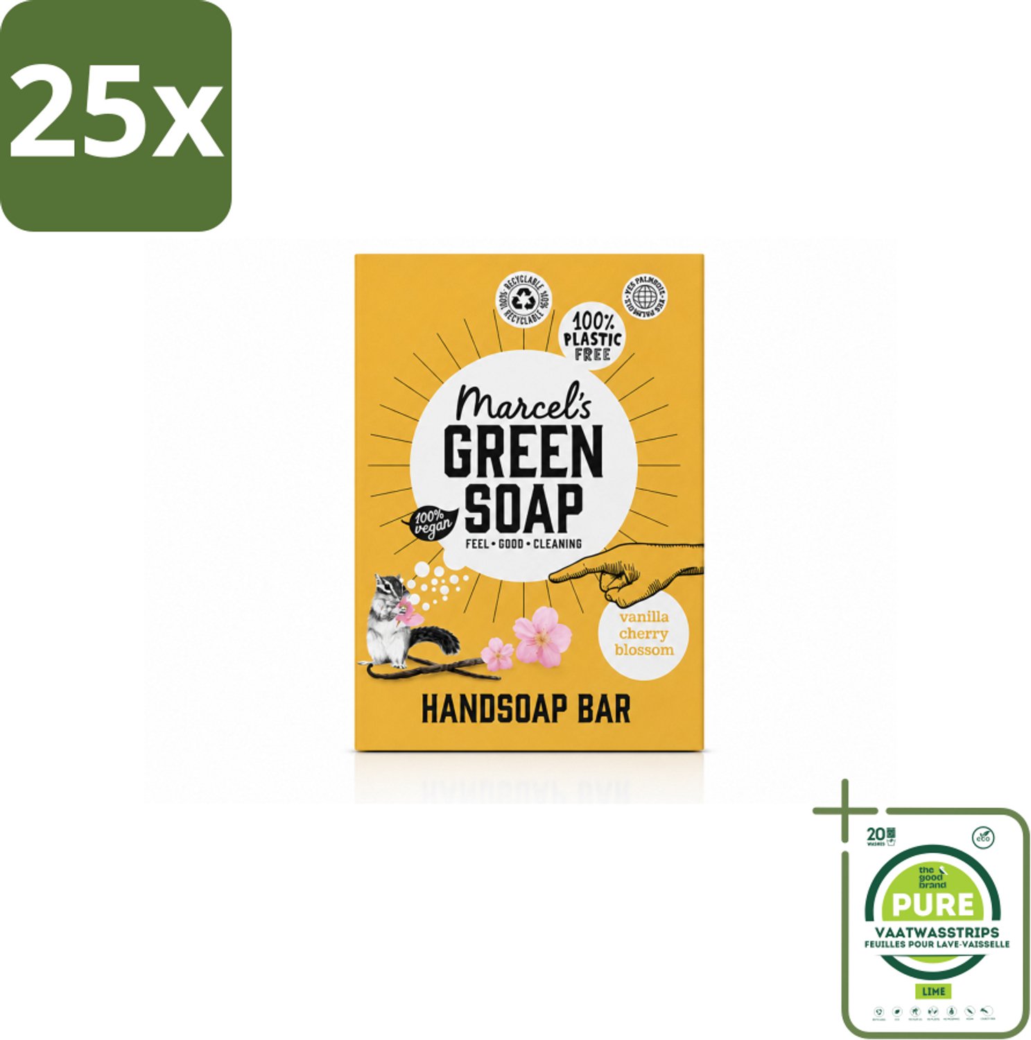 25 x Marcel's Green Soap - Handzeep Bar - Vanille & Cherry Blossom - Krachtige werking - 90 gr - Grootverpakking - Vaatwasstrips - Handzeep Bar - Plasticvrije Handzeep - Vegan Handzeep - Natuurlijke Handzeep - Duurzame Handzeep