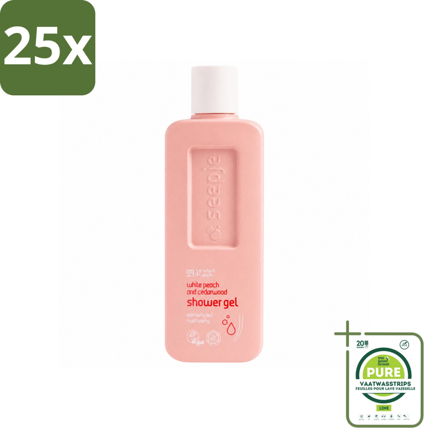 25 x Seepje - Douchegel - Natuurlijke Geur - Witte Perzik en Cederhout - 300 ml - Grootverpakking - Vaatwasstrips - Douchegel - Natuurlijke Douchegel - Witte Perzik - Cederhout - Huidverzorging