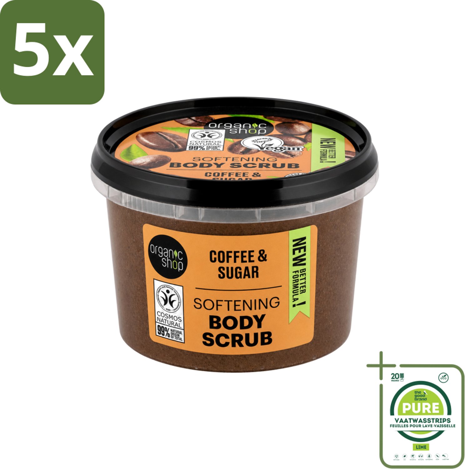 5 x Organic Shop - Organic Coffee & Sugar Body Scrub - Hydraterend en Peeling - 250 ml - Grootverpakking - Vaatwasstrips - Bodyscrub - Natuurlijke Peeling - Koffieolie - Suiker Peeling - Huid Verzorging