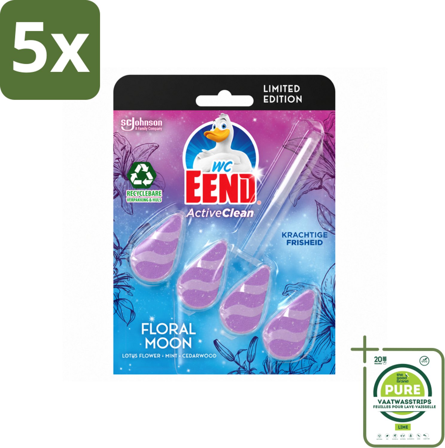 5 x WC Eend - Active Clean Floral Moon - Toiletblok - Lotus, Munt & Cederhout Geur - 38 gr - Grootverpakking - Vaatwasstrips - Toiletblok - Geur - Reiniging - Actieve Reiniging - Toilet