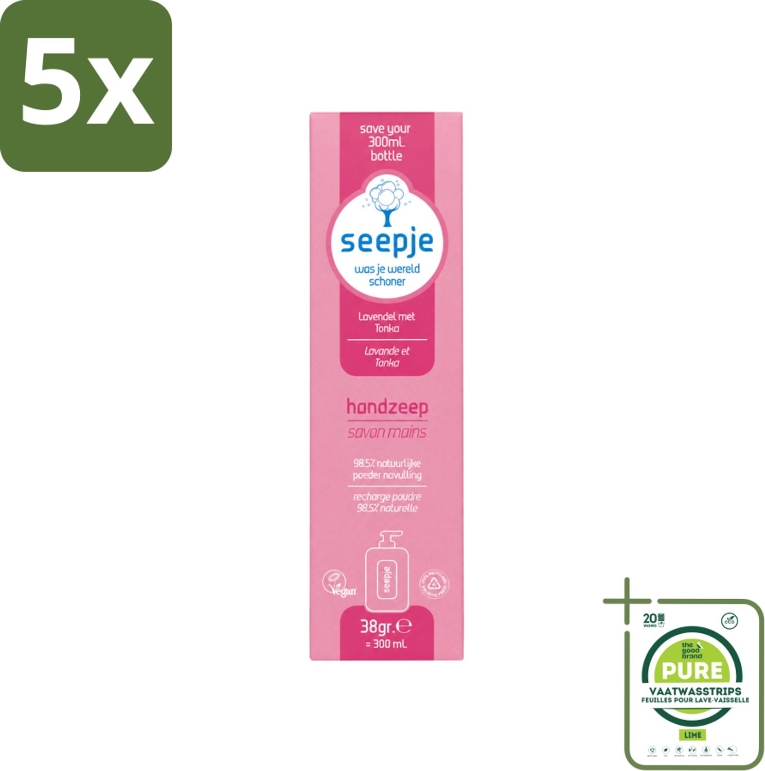 5 x Seepje - Handzeep - Rijke Geur en Hydratatie - Lavendel met Tonka - Navulverpakking - 38 g - Grootverpakking - Vaatwasstrips - Handzeep - Navulpoeder - Handverzorging - Natuurlijke Handzeep - Lavendel