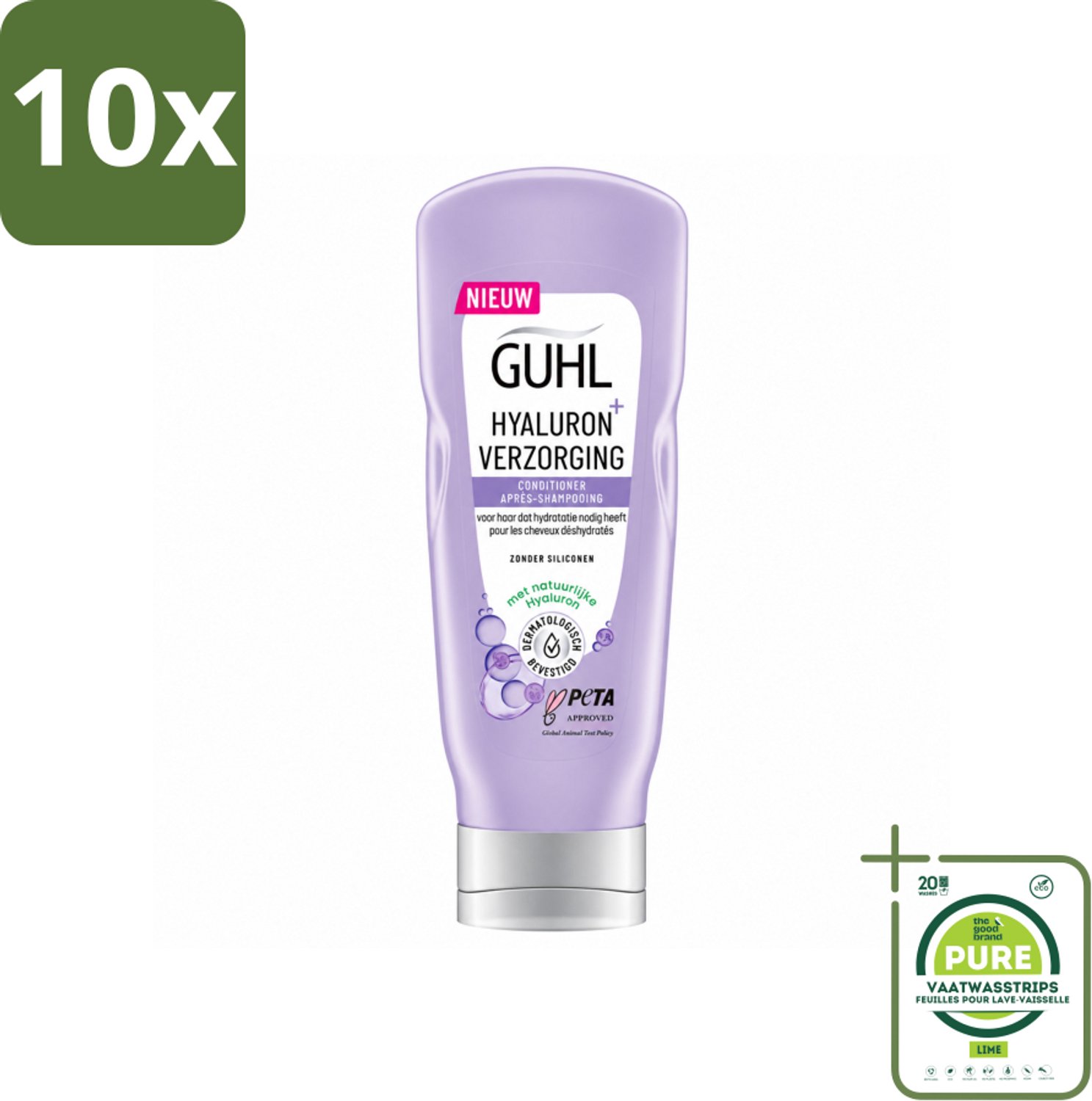 10 x Guhl - Conditioner - Hyaluron+ Verzorging - 200 ml - Grootverpakking - Vaatwasstrips - Hydratatie Haar - Hyaluron Haar - Droog Haar - Gezond Haar - Glans Haar
