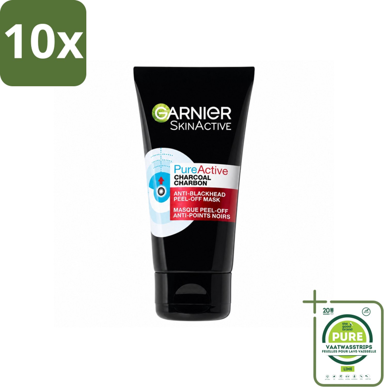 10 x Garnier - Pure Active - Peel-Off Masker - Charcoal - 50 ml - Grootverpakking - Vaatwasstrips - Huid Reinigen - Houtskool Masker - Salicylzuur Masker - Mee-eters Verwijderen - Poriën Verfijnen