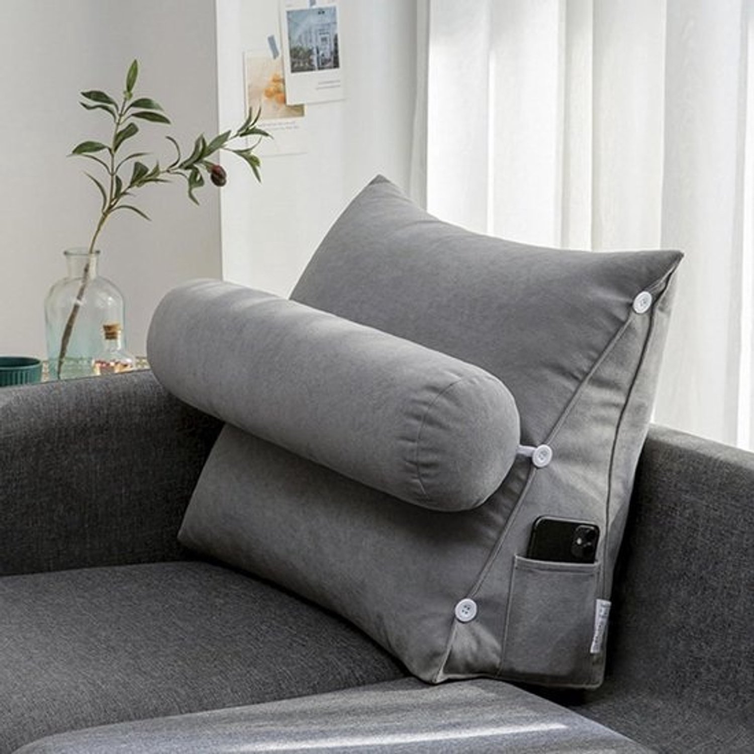 Driehoekig rugkussen met verstelbaar nekkussen - wigvormig bedkussen en lendenkussen met rits voor lezen en gamen (60x50x20cm, lichtgrijs)