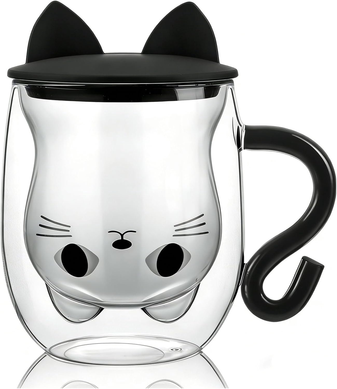 Kattenmok, glazen koffiemok, kattenbeker met deksel, roze dubbelwandige kattenbeker, kattencadeau voor vrouwen, meisjes, kattenliefhebbers (zwart)