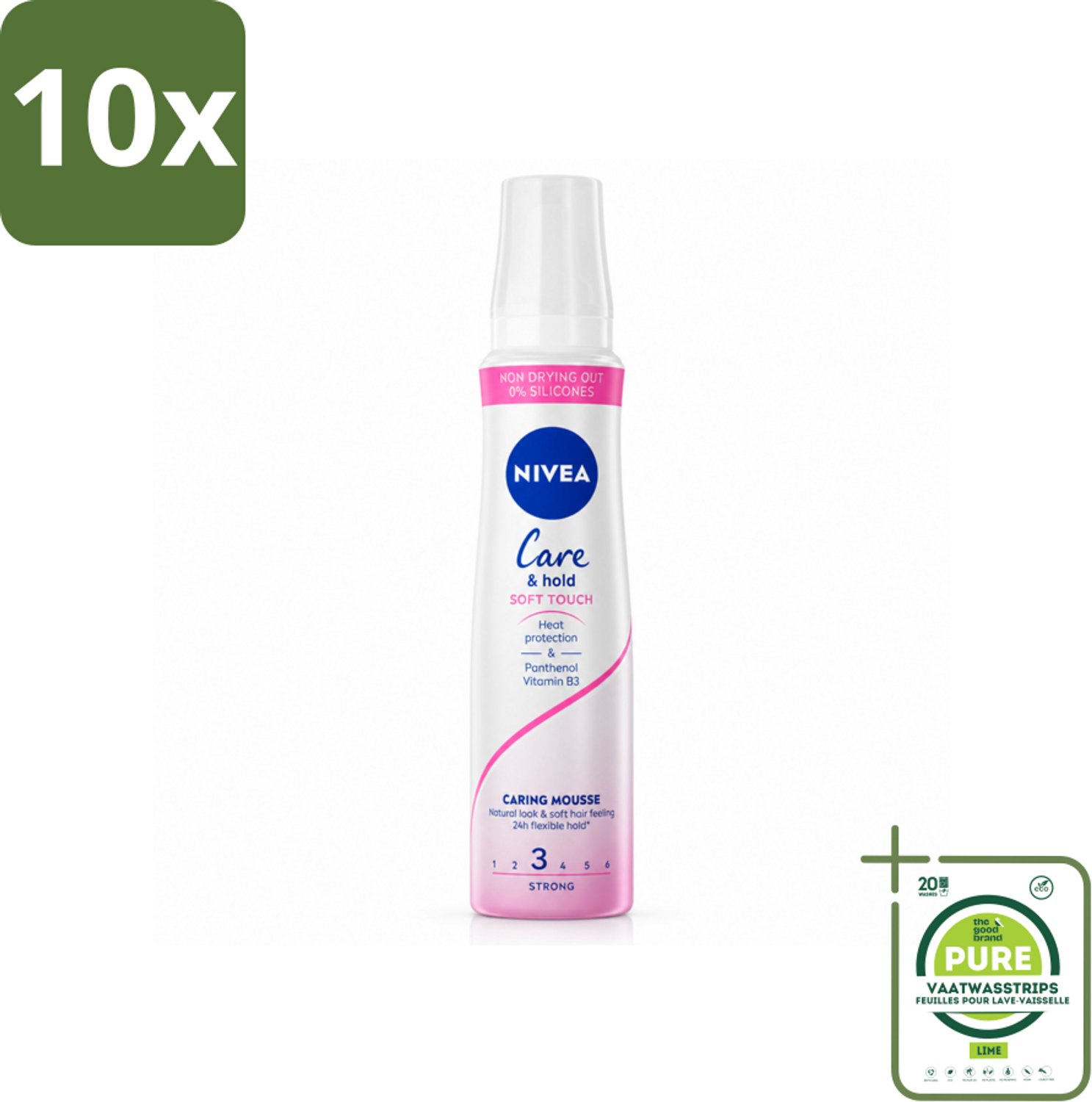10 x NIVEA - Haarschuim - Verzorging & Stevigheid Zachte Aanzet - 24 Uur Lang Bescherming - 250 ml - Grootverpakking - Vaatwasstrips - Haarmousse - Verzorging - Volume - Natuurlijke Fixatie - Panthenol