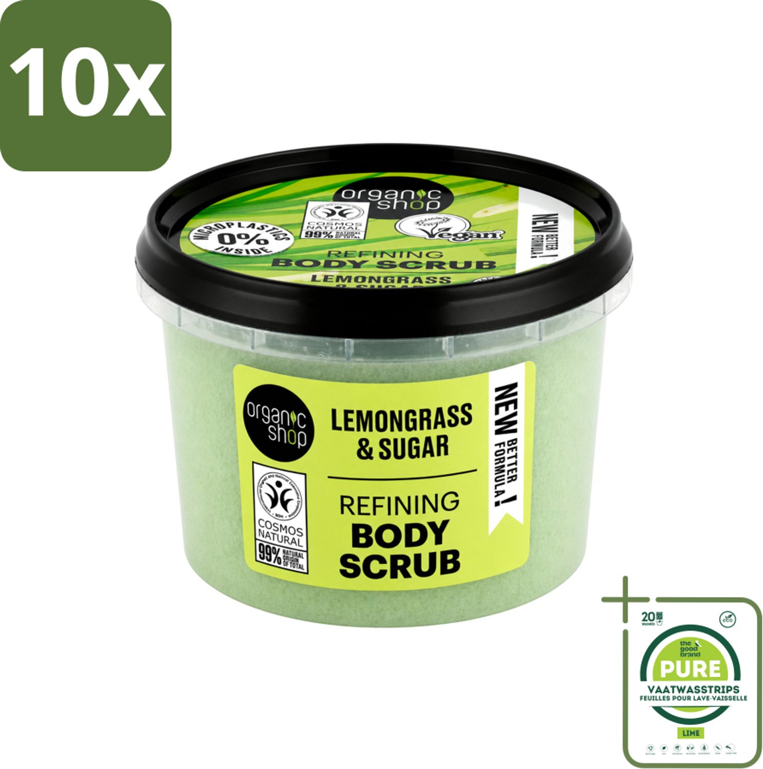 10 x Organic Shop - Body Scrub Lemongrass - Verfrissend en Verzorgend - 250 ml - Grootverpakking - Vaatwasstrips - Bodyscrub - Exfoliatie - Huidverzorging - Citroengrasolie - Suiker Scrub