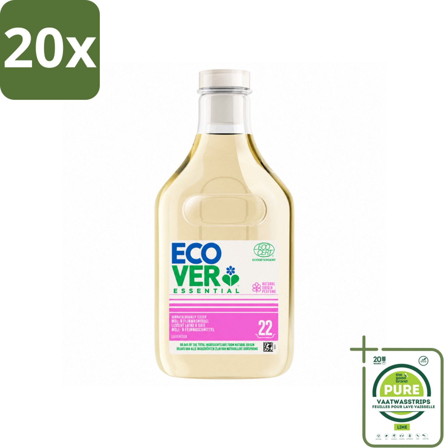 20 x Ecover - Vloeibaar wasmiddel Essential - Wol & Fijnwas - 1 liter - 22 wasbeurten - Grootverpakking - Vaatwasstrips - Wasmiddel Voor Wol - Wasmiddel Voor Zijde - Zachte Was - Natuurlijke Was - Milieuvriendelijke Was