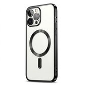 iPhone-hoesje met transparante achterkant, zwarte rand en zwarte magnetische ring voor draadloos opladen.