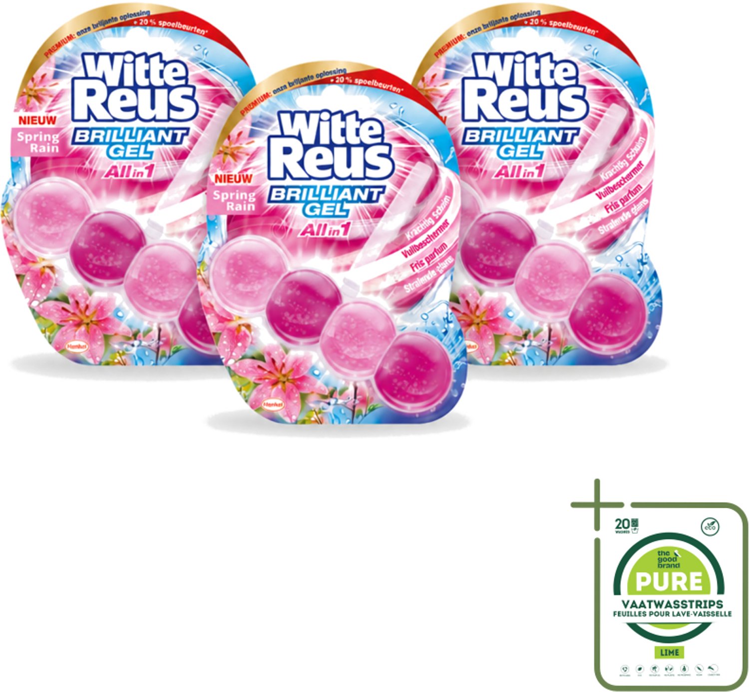 3 x Witte Reus - Toiletblok Brilliant Gel - Spring Rain - 1 Toiletblok - Grootverpakking - Vaatwasstrips - Toiletgel - Reinigingsgel - Frisheid - Schoonmaak - Toiletpot