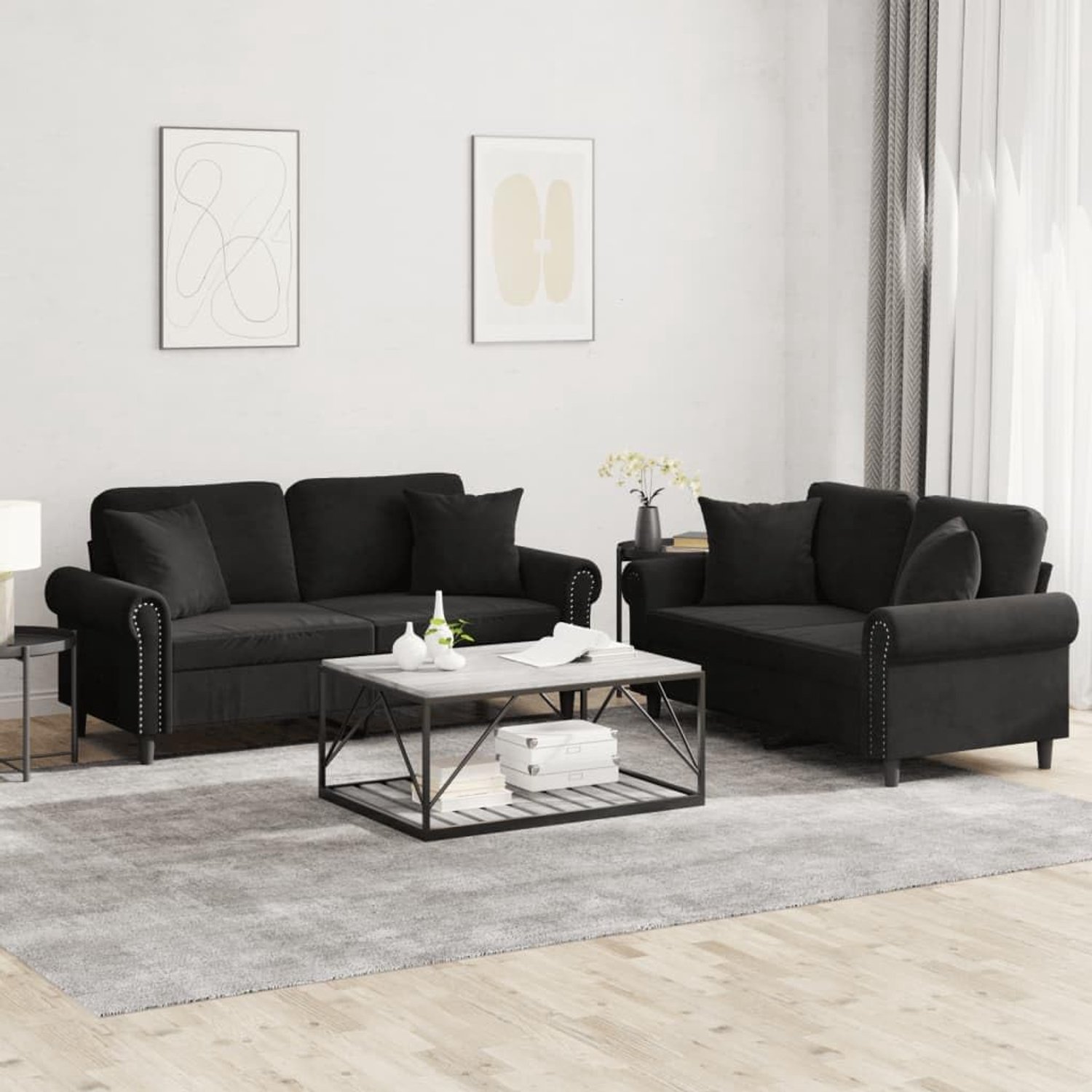 2-delige meubelset, bankstel, fluweel, zwart, met kussens voor de woonkamer, comfortabele zitmeubelset met stabiele constructie