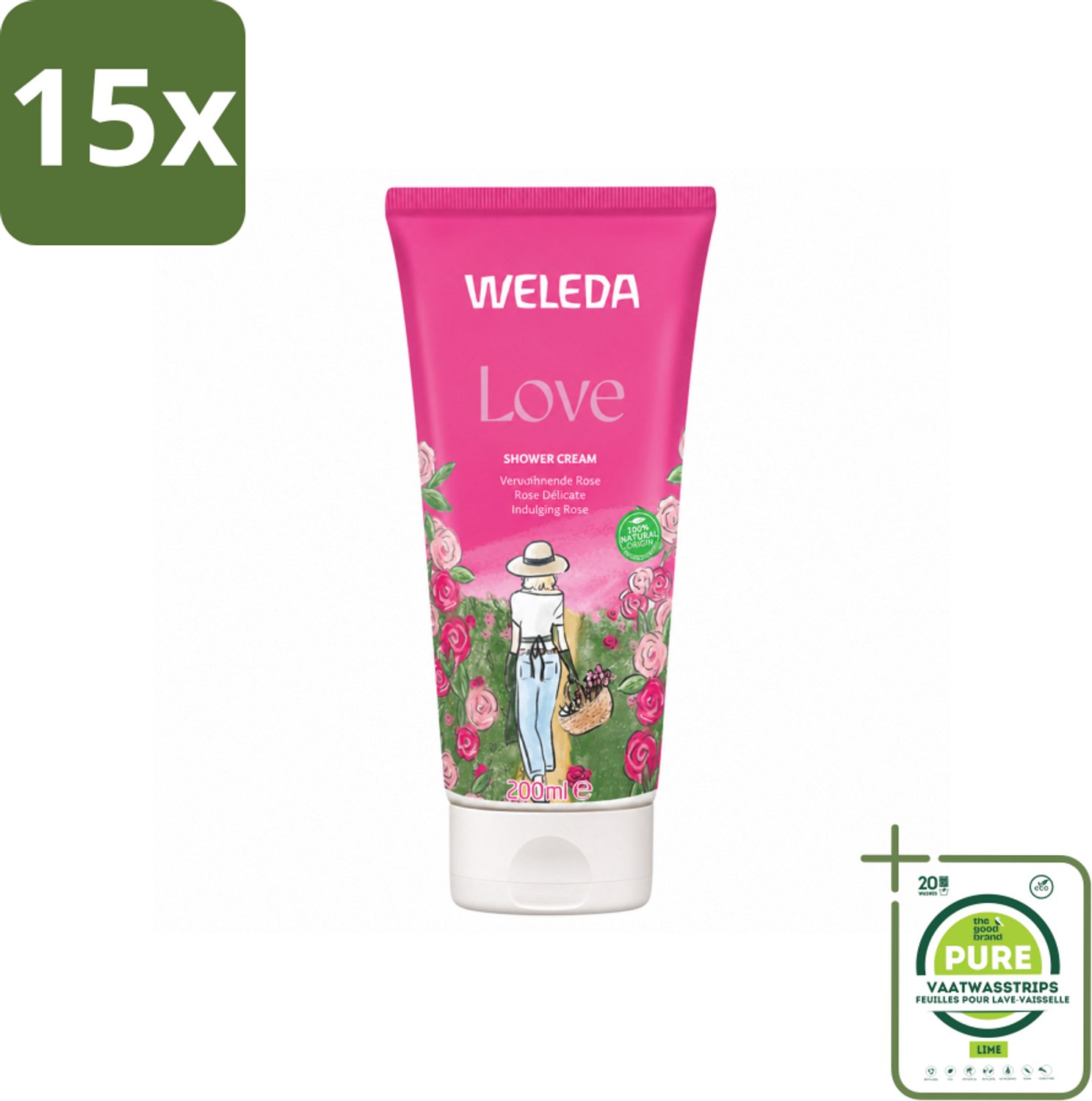 15 x WELEDA - Douchecrème Aroma Shower Love - 200 ml - Grootverpakking - Vaatwasstrips - Douchecrème - Aromatherapie - Liefdevolle Geur - Natuurlijke Verzorging - Wellness