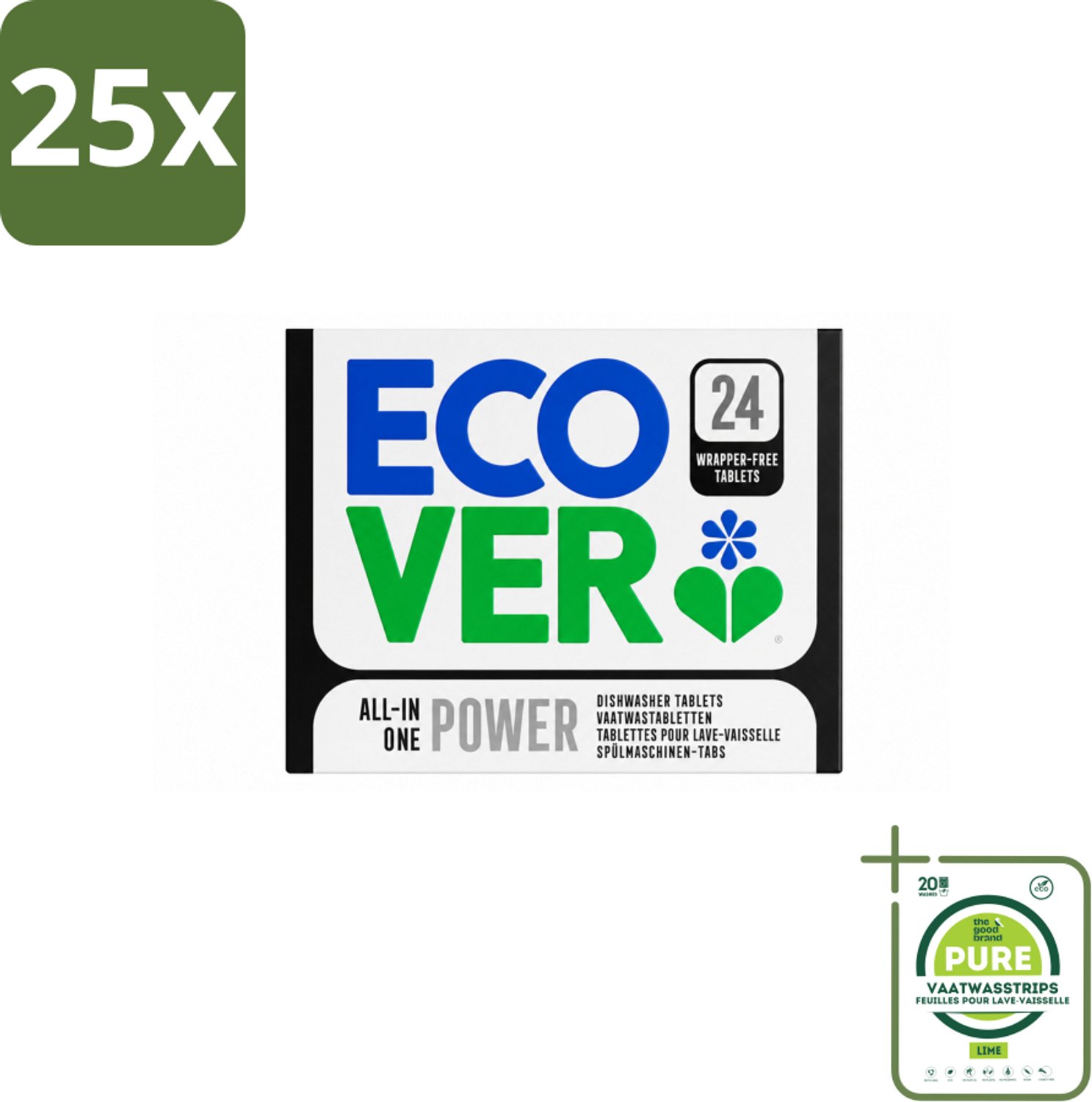 25 x Ecover - Vaatwastabletten All-in-One Power - 24 Tabs - Grootverpakking - Vaatwasstrips - Vaatwastabletten - Schoonmaken - Milieuvriendelijk - Glansspoelmiddel - Zout