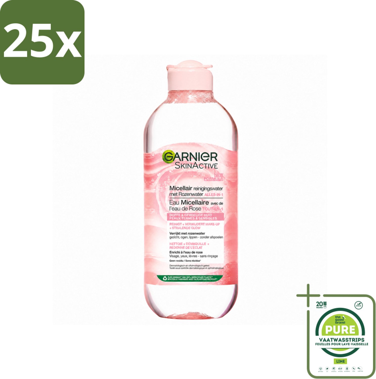 25 x Garnier - SkinActive - Micellair Reinigingswater - Rozenwater - Stralende Huid - 400 ml - Grootverpakking - Vaatwasstrips - Micellair Reinigingswater - Rozenwater - Huid Reinigen - Make-up Verwijderen - Stralende Huid