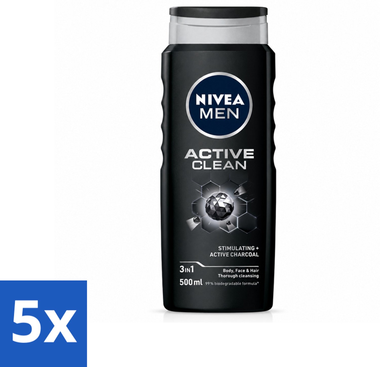 5 x NIVEA MEN - Douchegel - Active Clean - 500 ml - Voordeelverpakking - 5 stuks