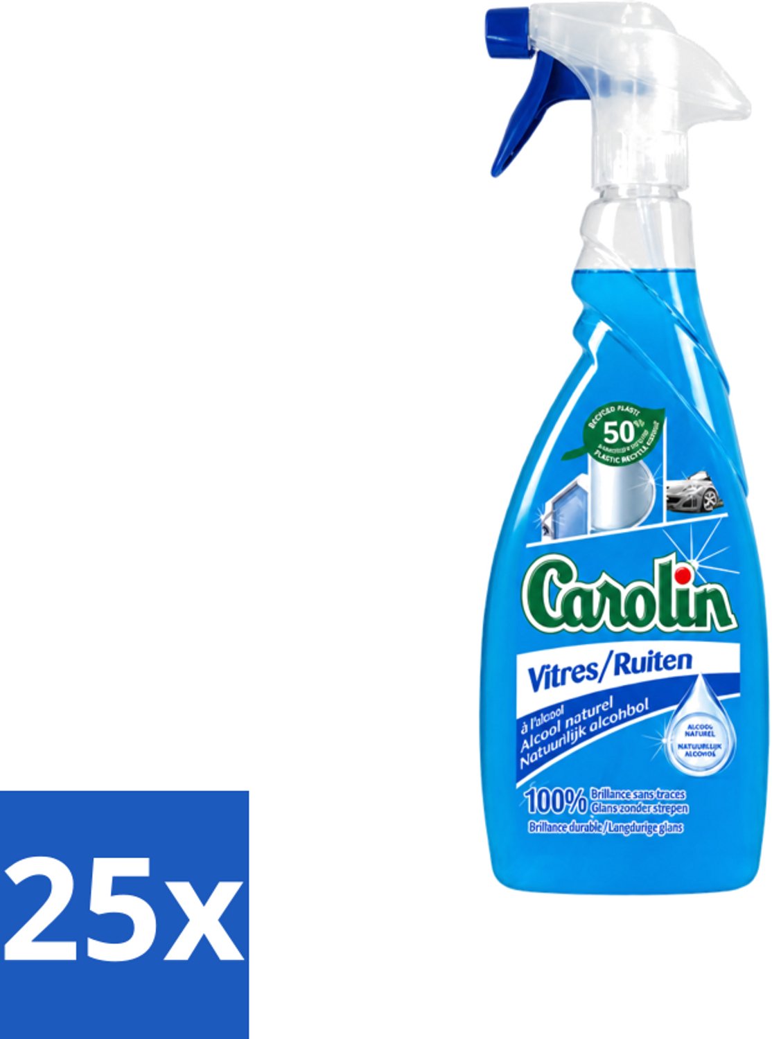 25 x Carolin - Glas- en Ruitenreiniger - Met Natuurlijke Alcohol - 650 ml - Voordeelverpakking - 25 stuks
