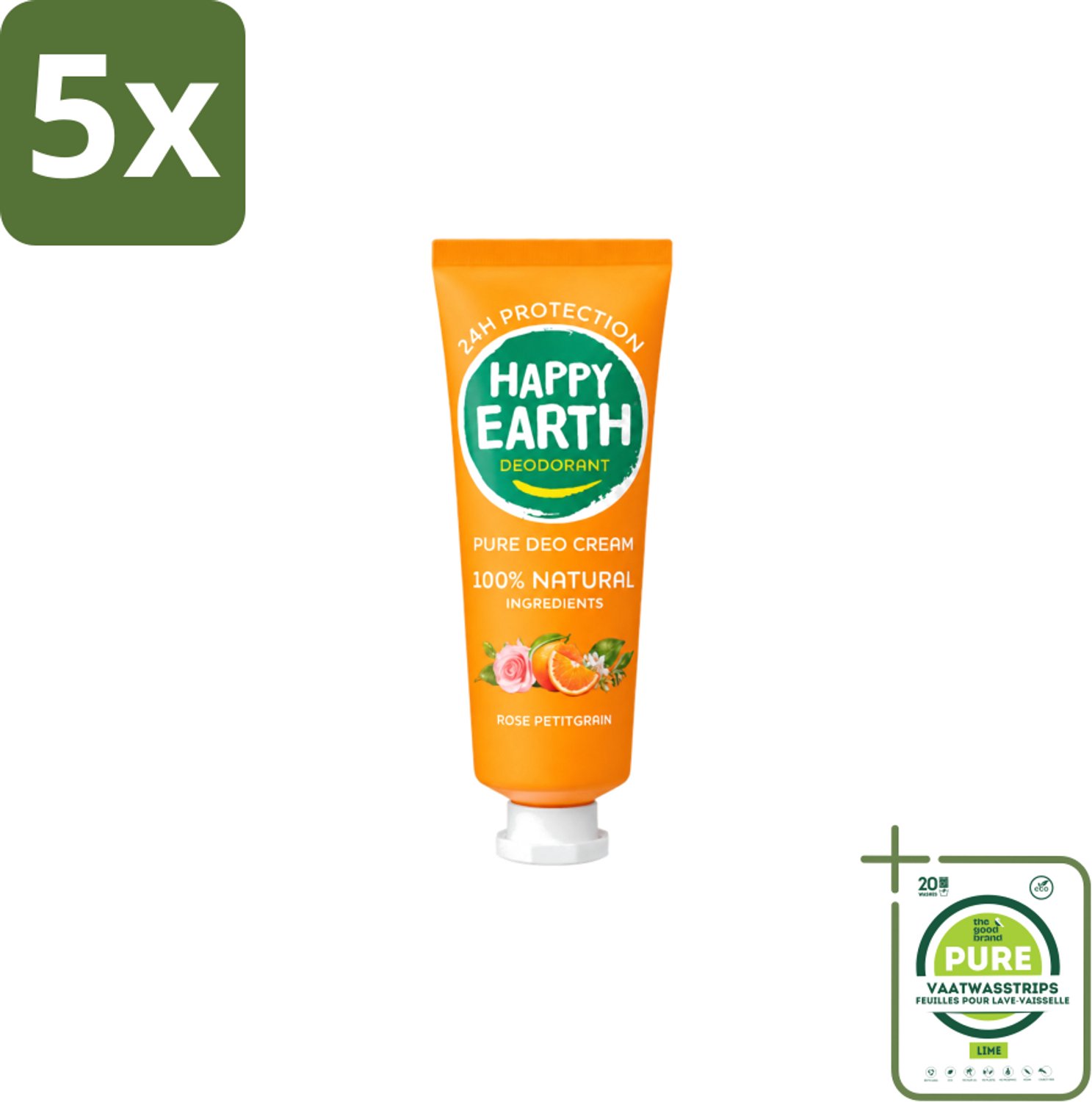 5 x Happy Earth – Deodorant Cream – 100% Natuurlijk Rose Petitgrain – 40 ml - Grootverpakking - Vaatwasstrips - Natuurlijke Deodorant - Deodorant Crème - Frisse Geur - Bloemige Geur - Huidvriendelijk