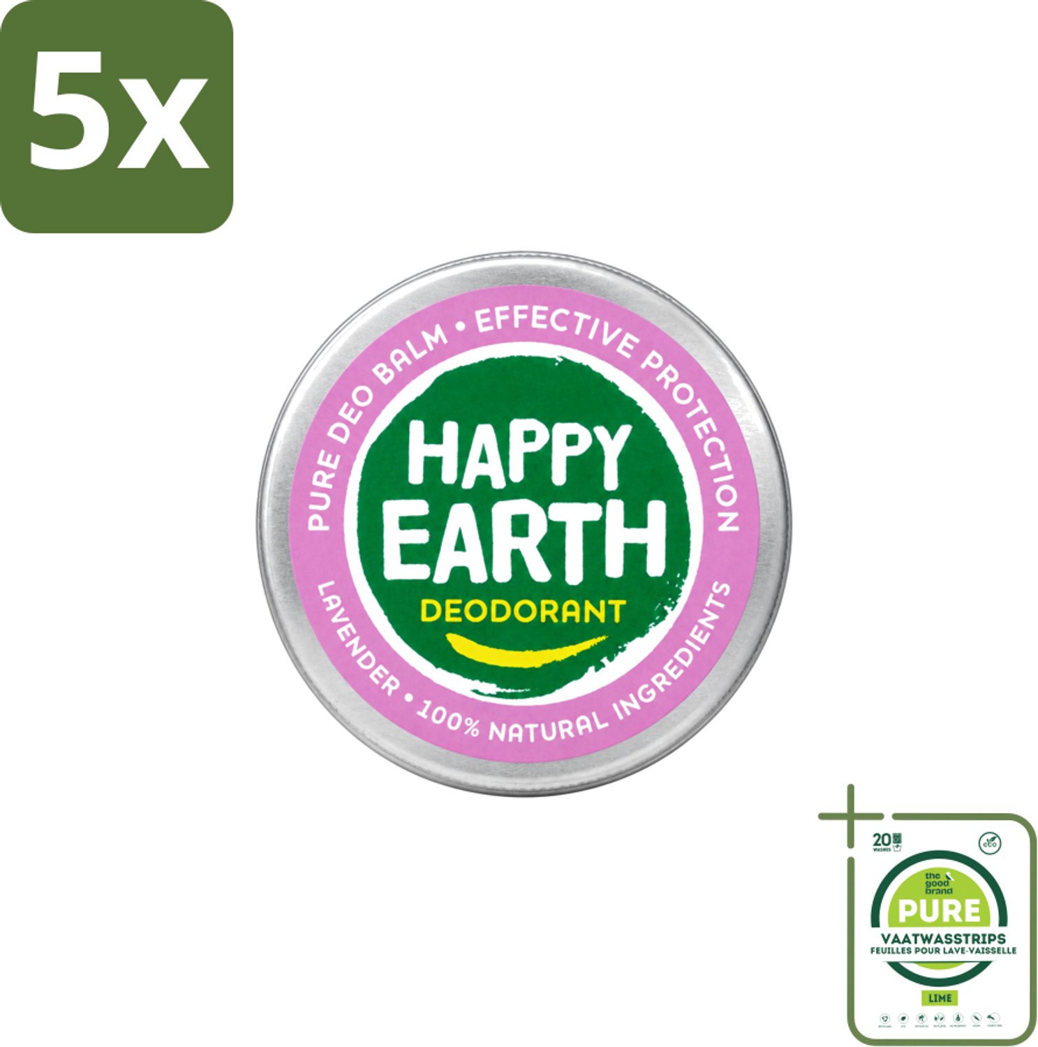 5 x Happy Earth – Deodorant Balm – 100% Natuurlijk Lavender – 45 g - Grootverpakking - Vaatwasstrips - Natuurlijke Deodorant - Frisse Geur - Lavendel - Huidvriendelijk - Aluminiumvrij