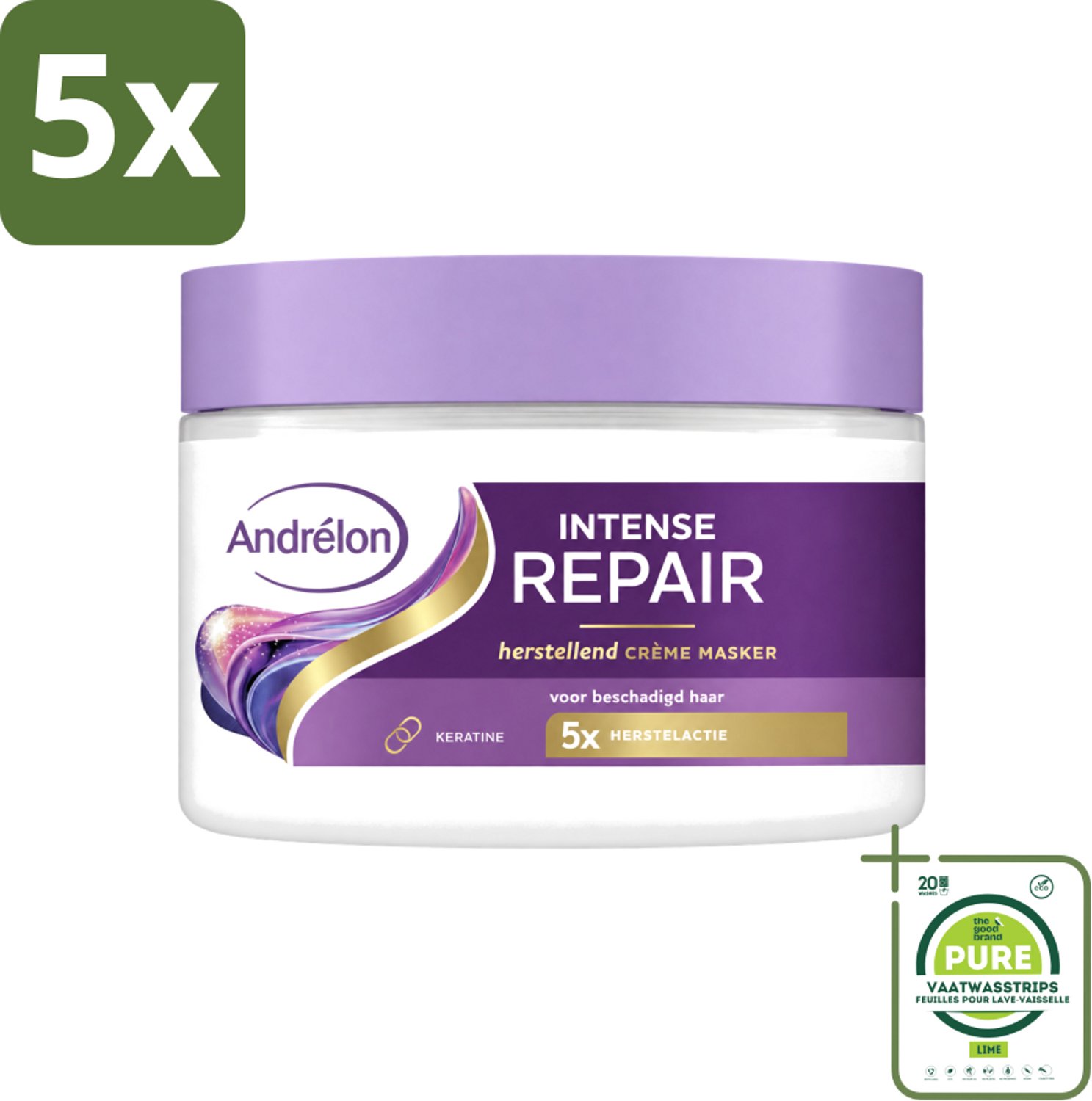5 x Andrélon – Crème Haarmasker – Intense Repair – 300 ml - Grootverpakking - Vaatwasstrips - Haarkracht - Haarherstel - Keratine - Beschadigd Haar - Haarverzorging