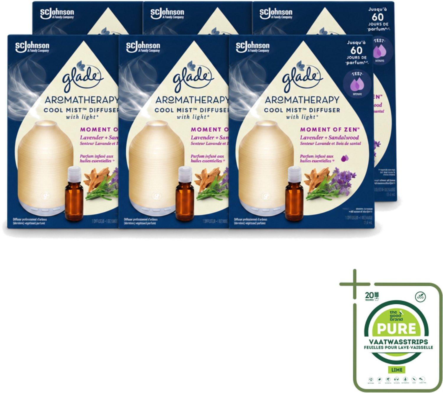 6 x Glade – Aromatherapy Mist Diffuser – Starterpakket – Houder + Moment of Zen Navulling - 17,4 ml - Grootverpakking - Vaatwasstrips - Aromatherapie - Ontspanning - Lavendel - Sandelhout - Geur
