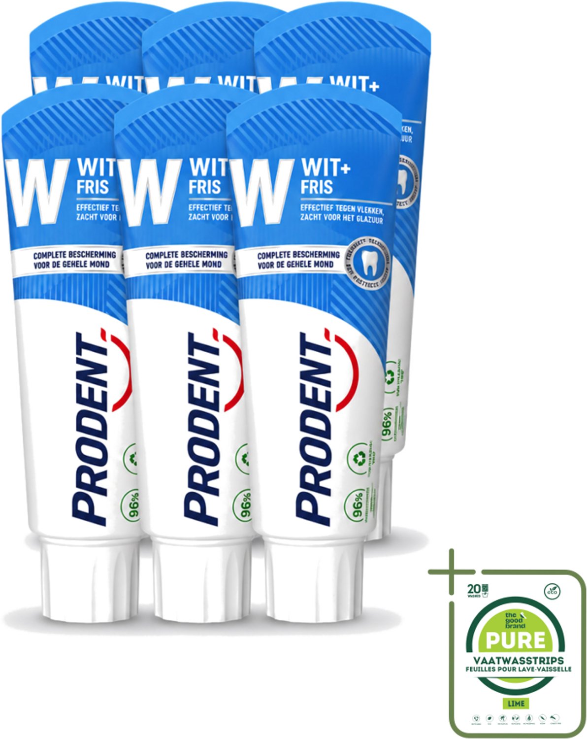 6 x Prodent – Tandpasta – Wit + Fris – Complete Bescherming – 75 ml - Grootverpakking - Vaatwasstrips - Tandpasta - Glazuur Bescherming - Vlekverwijdering - Wittere Tanden - Mondverzorging
