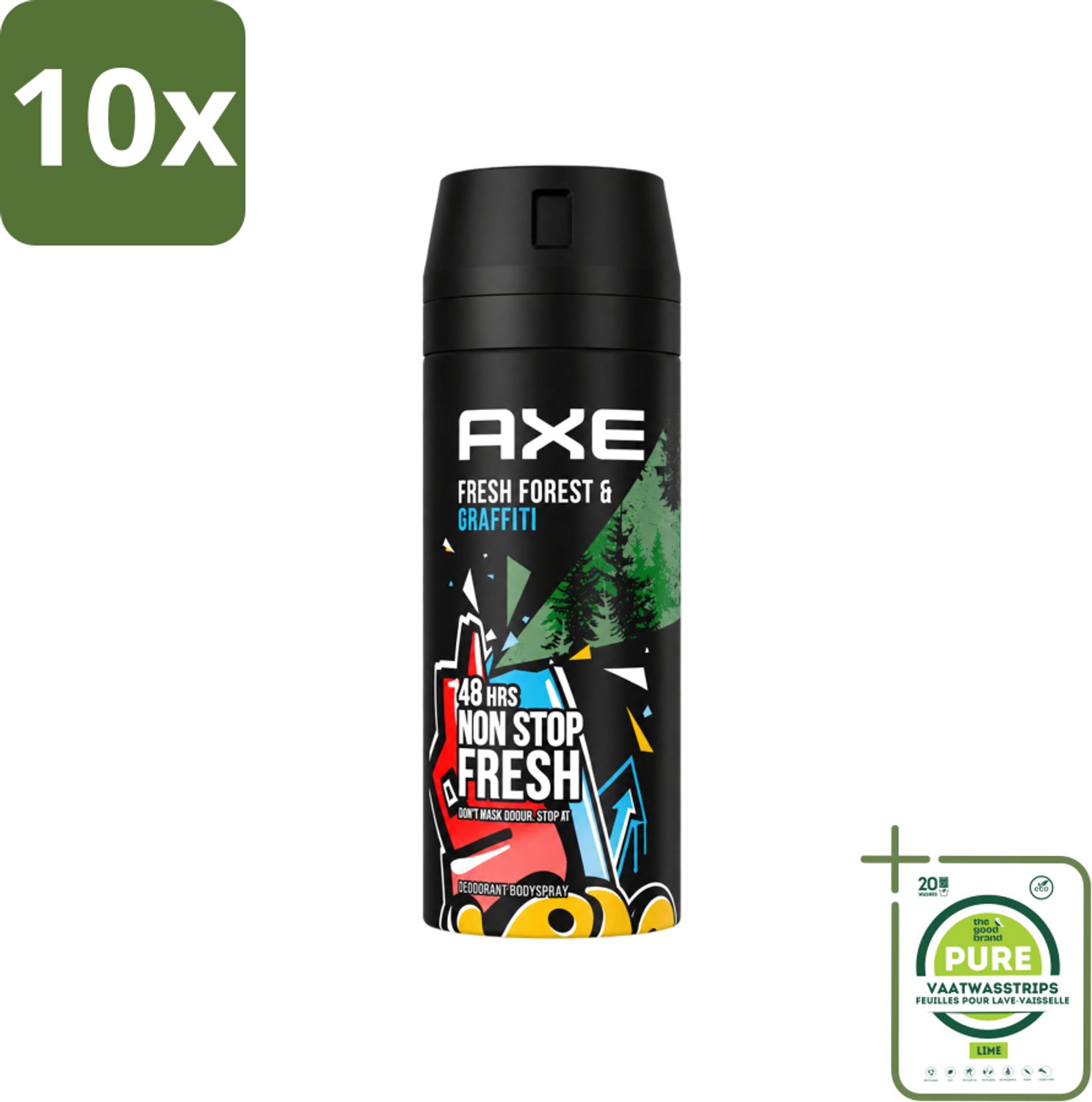 10 x Axe - Deodorant Bodyspray - 48hrs Fresh - Fresh Forest & Graffiti - 150 ml - Grootverpakking - Vaatwasstrips - 48 Uur Bescherming - Deodorant Sprayer - Frisheid - Geur - Zweet