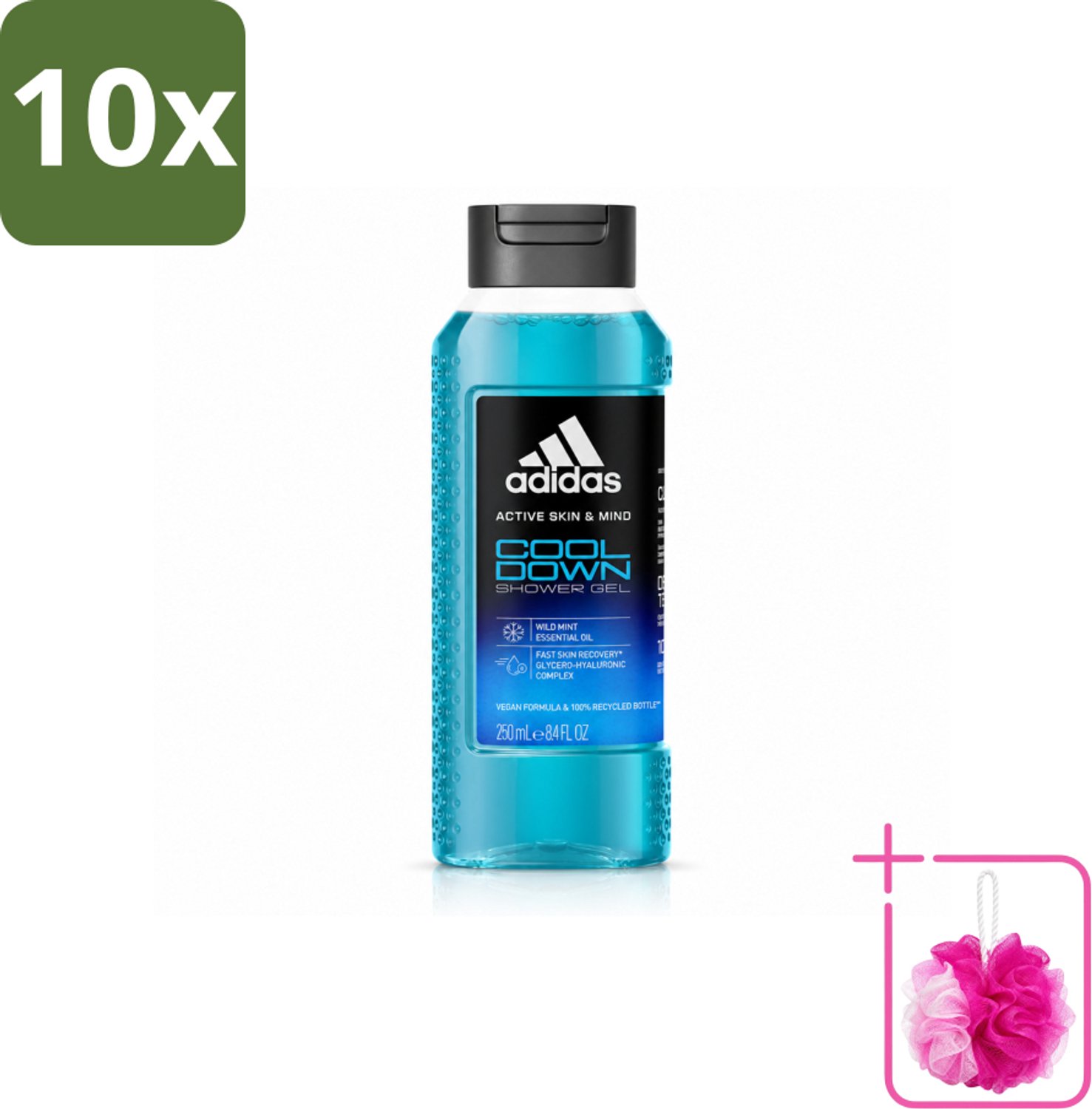 10 x Adidas – Douchegel – Active Skin & Mind Cool Down – 250 ml - Bulkverpakking - Douchegel - Douchemop - Verkoeling