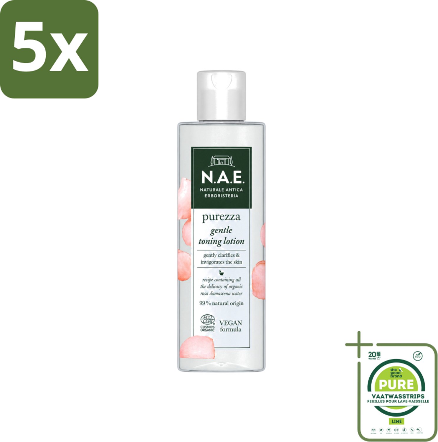 5 x N.A.E. - Toning Lotion - Zuiverend & Hydraterend - Biologisch & Vegan - 200ml - Grootverpakking - Vaatwasstrips - Natuurlijke Huidverzorging - Biologische Toning - Rozenwater - Huidzuivering - Huidhydratatie